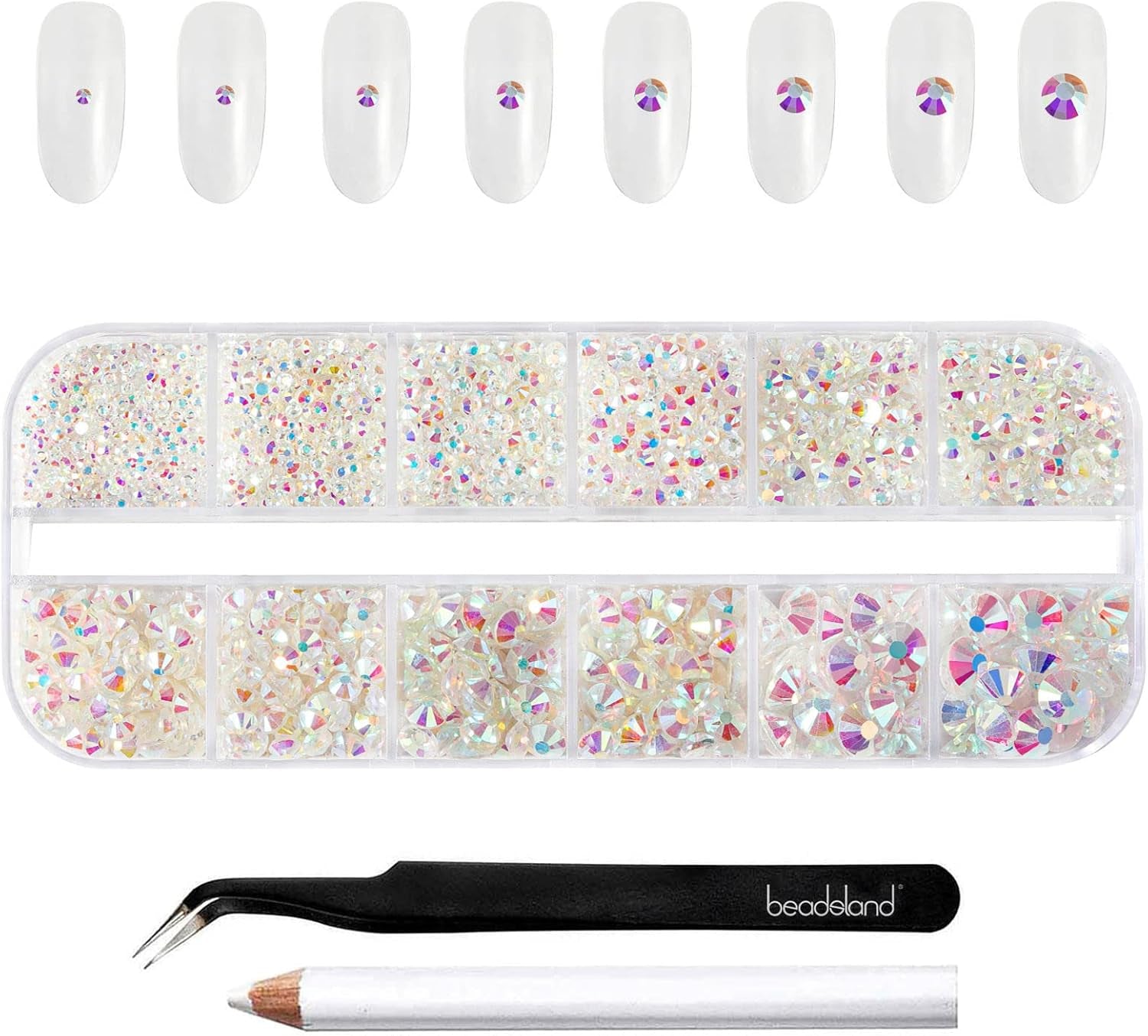 Beadsland 2500 stk Glas Nailart Strasssteine ​​​​Kristall Flatback Edelsteine ​​​​Runde, ​​Für Handwerk Gemischt 8 Größen SS4 ~ SS30 Mit Picking Pinzette Und Stift (Kristall Weiss)