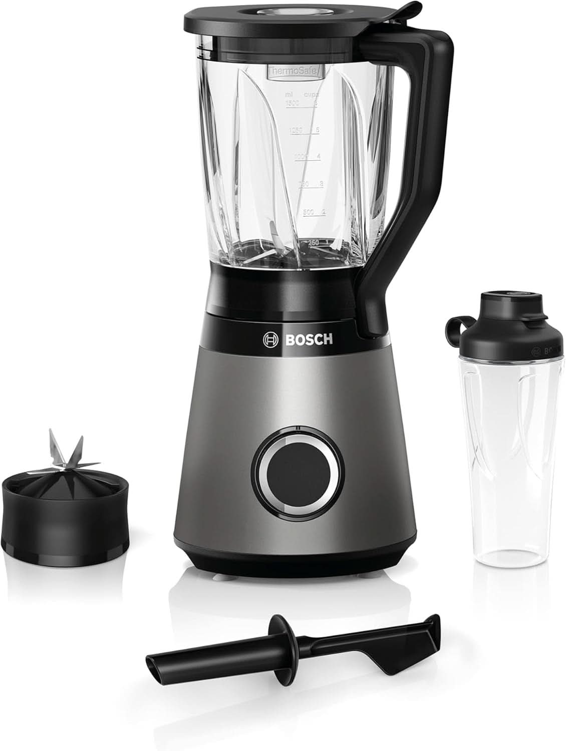Bosch Standmixer Vitapower Serie 4 MMB6174SN, Verbesserte Version, Hochwertige Edelstahl-Klingen, 1,5L Glasbeholder, 0,6L To-Go-Flasche, Spülmaschinenfeste Teile, 30.000 U/Min, 1200 W, Silver Kitchen Naty Shop Single Standmix 2-
