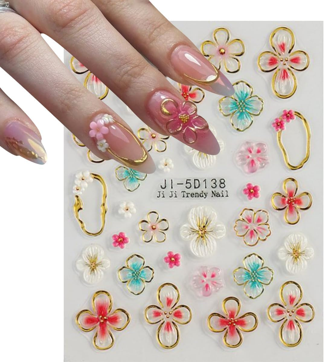 JMEOWIO 3D Nagelsticker Farverig Flower Nail Art Sticker Selbstklebend Nagelaufkleber 5D Stereoskopisk Forår Sommer Blomsterdekoration Nageldesign Tilbehør 4 Blatt