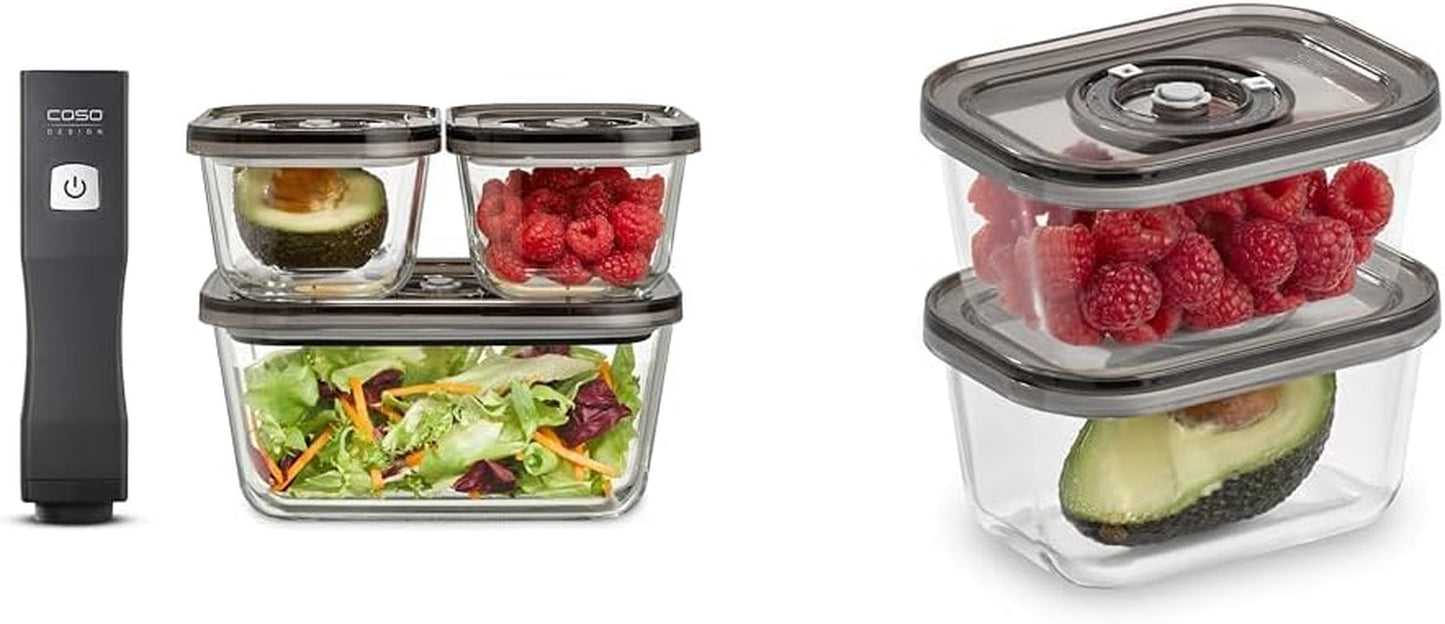 Caso Vacu OneTouch Eco sæt, manuel vakuumforsegler, inklusiv 3 glasvakuumbeholdere og VacuBoxx Eco-Duo S - vakuumfriskhedsbeholder / 2 beholdere med hver 500 ml Madopbevaringsbokse Naty Shop Standardtitel