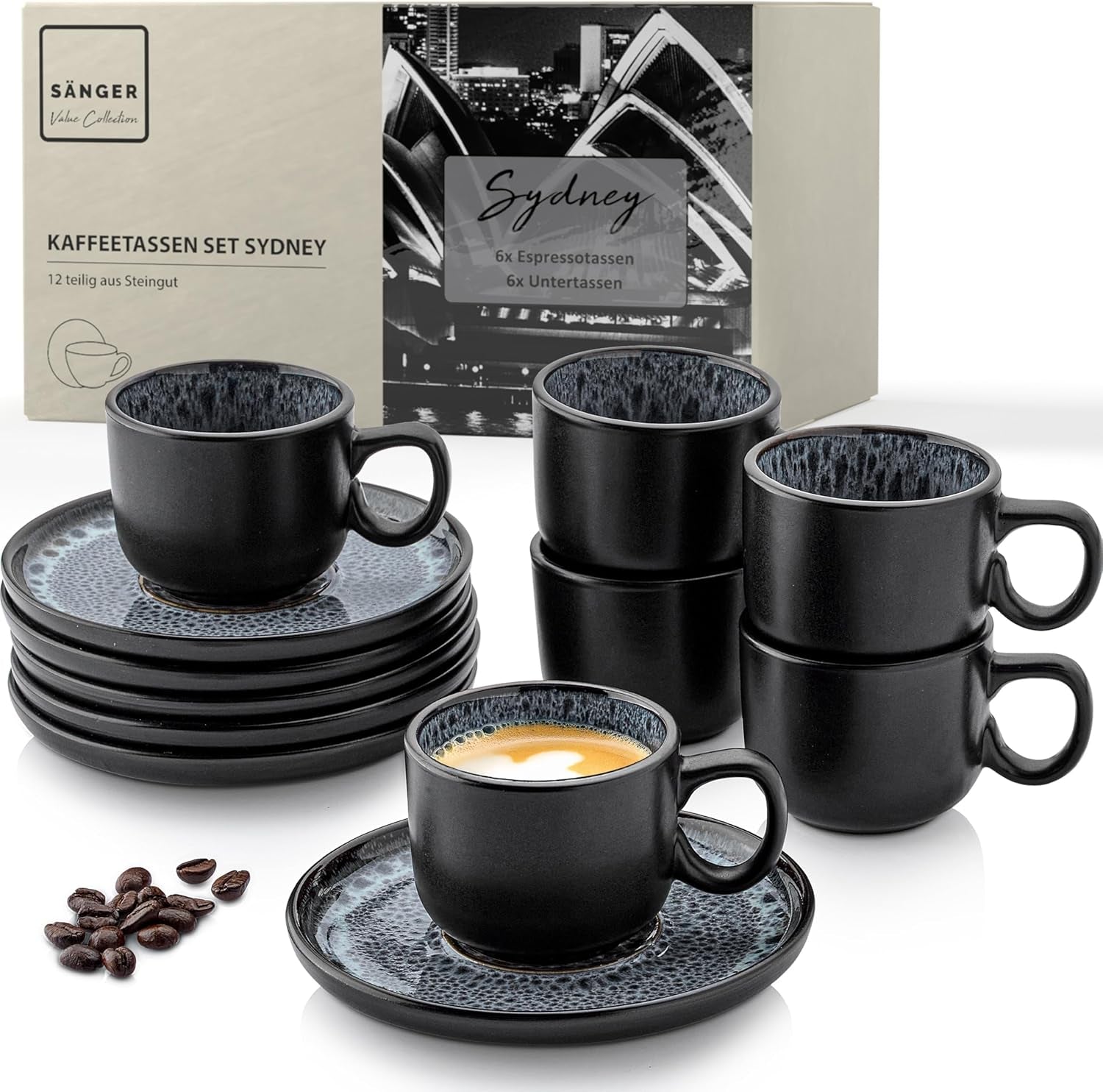 SANGER Sydney | Keramisk espressokopsæt med 12, mokkakopsæt til 6, kopper og underkopper, tåler opvaskemaskine og mikroovn, mørkegrå, 80 ml | VÆRDIINDSAMLING