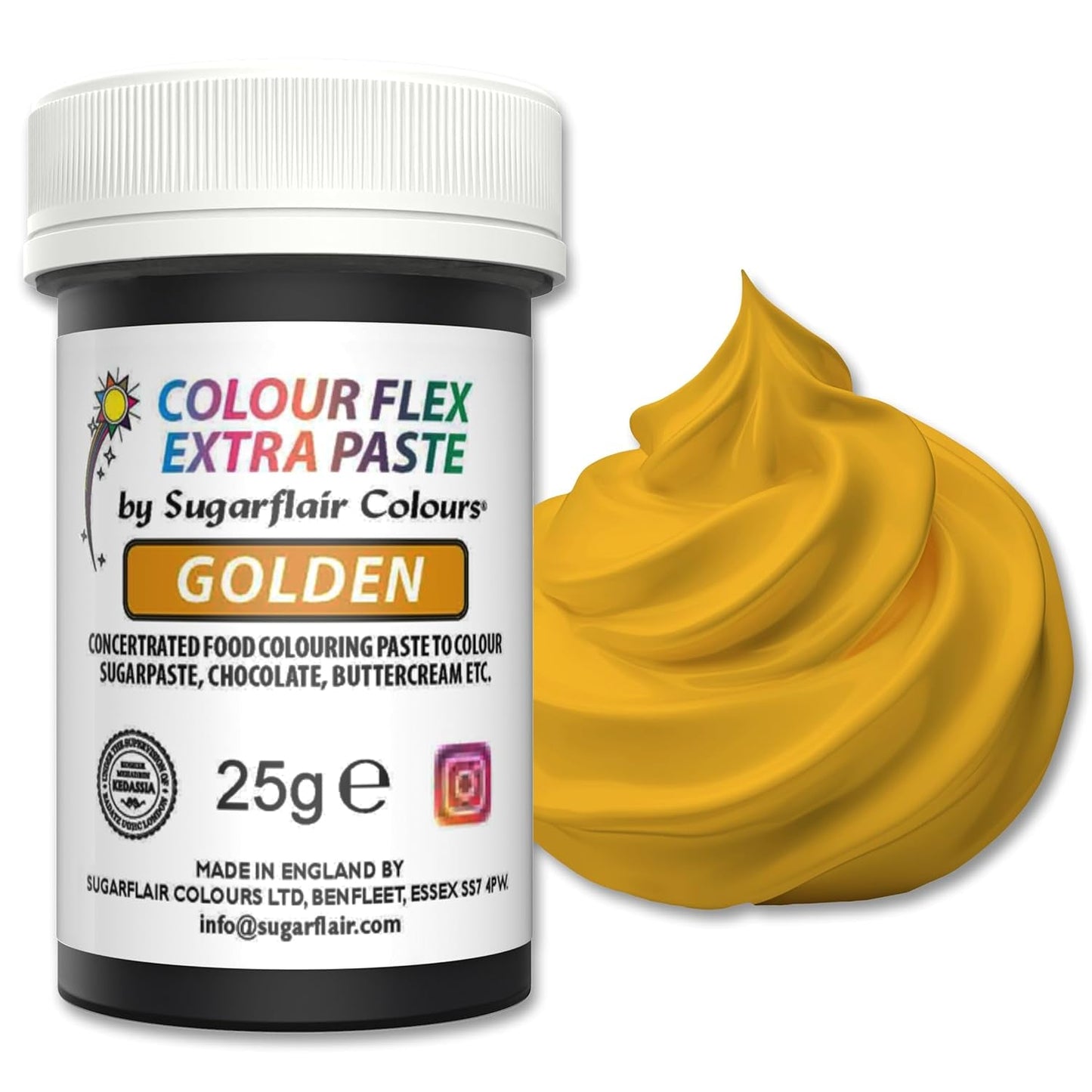 Madfarvepasta Sugarflair Colourflex Extra Paste Golden - Spiselig madfarve til smørcreme, chokolade, sukkerpasta, glasur, fondant, kageblandinger, dej og mere - 25g