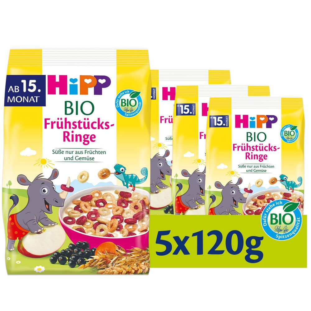 HiPP økologiske morgenmadsringe (5 x 120g), mysli til børn fra 15 måneder, kun sødet med frugt og grønt, af bedste økologiske kvalitet
