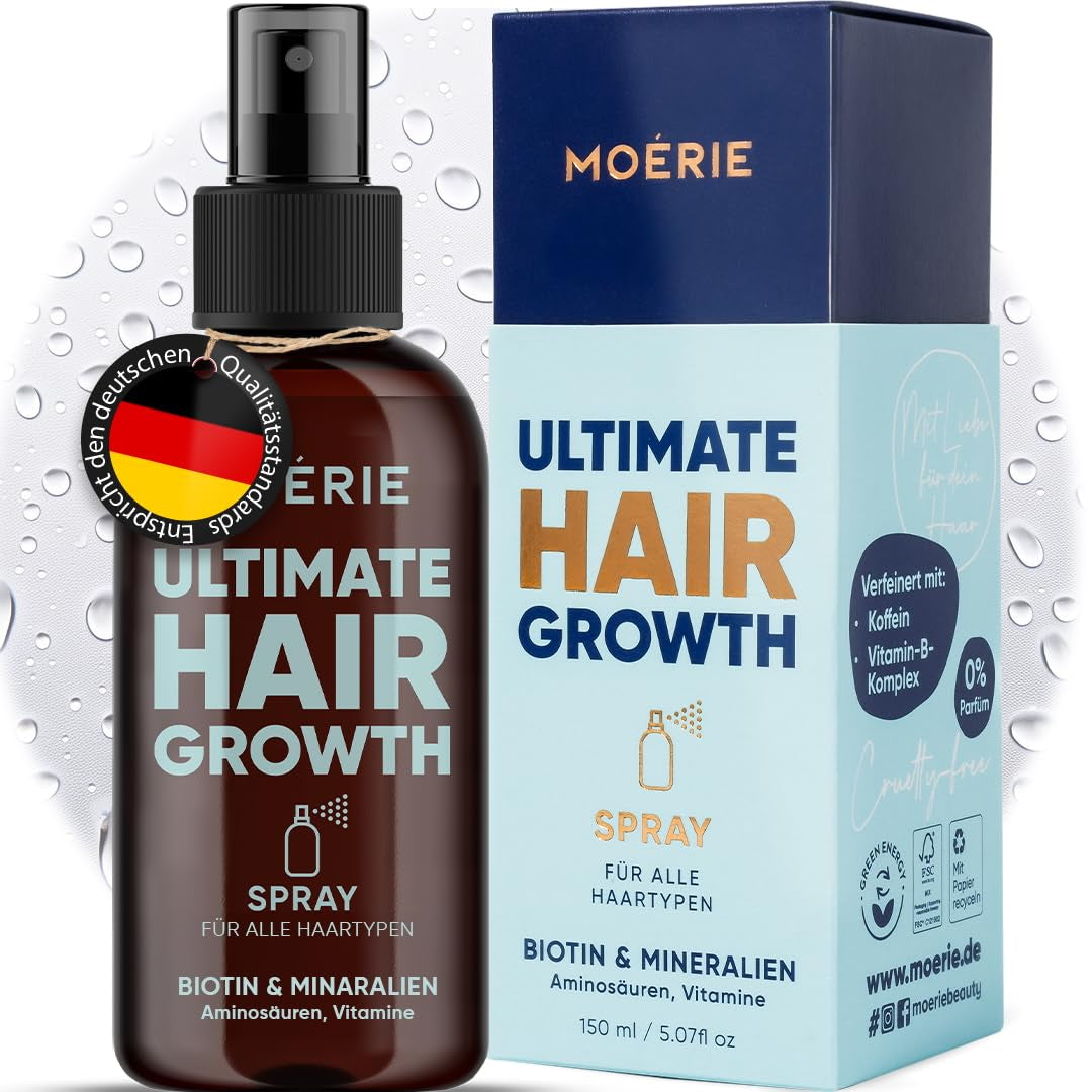 MOÉRIE Ultimativ mineralsk hårvækstspray til længere, tykkere og fyldigere hår - med biotin og koffein - veganske hårprodukter, parabenfri, alle hårtyper, vender hårtab - 2 måneders forsyning Hårpleje Naty Shop enkelt sæt