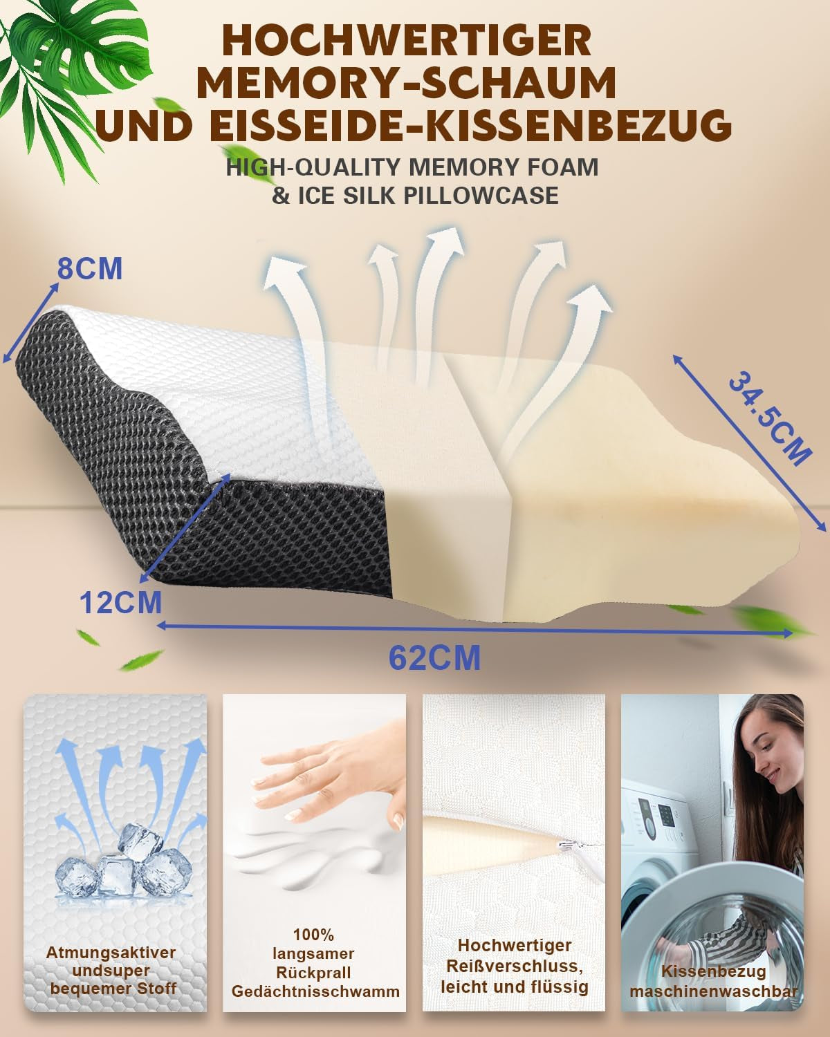 Nakkesmertepude, Ergonomisk ortopædisk Nakkepude, Side Back Abdominal Memory Foam Pude, Anti Snorken Pude til Mænd Kvinder (62 * 34,5 * 12/8CM) Cervikal Ortopædiske Puder Naty Shop