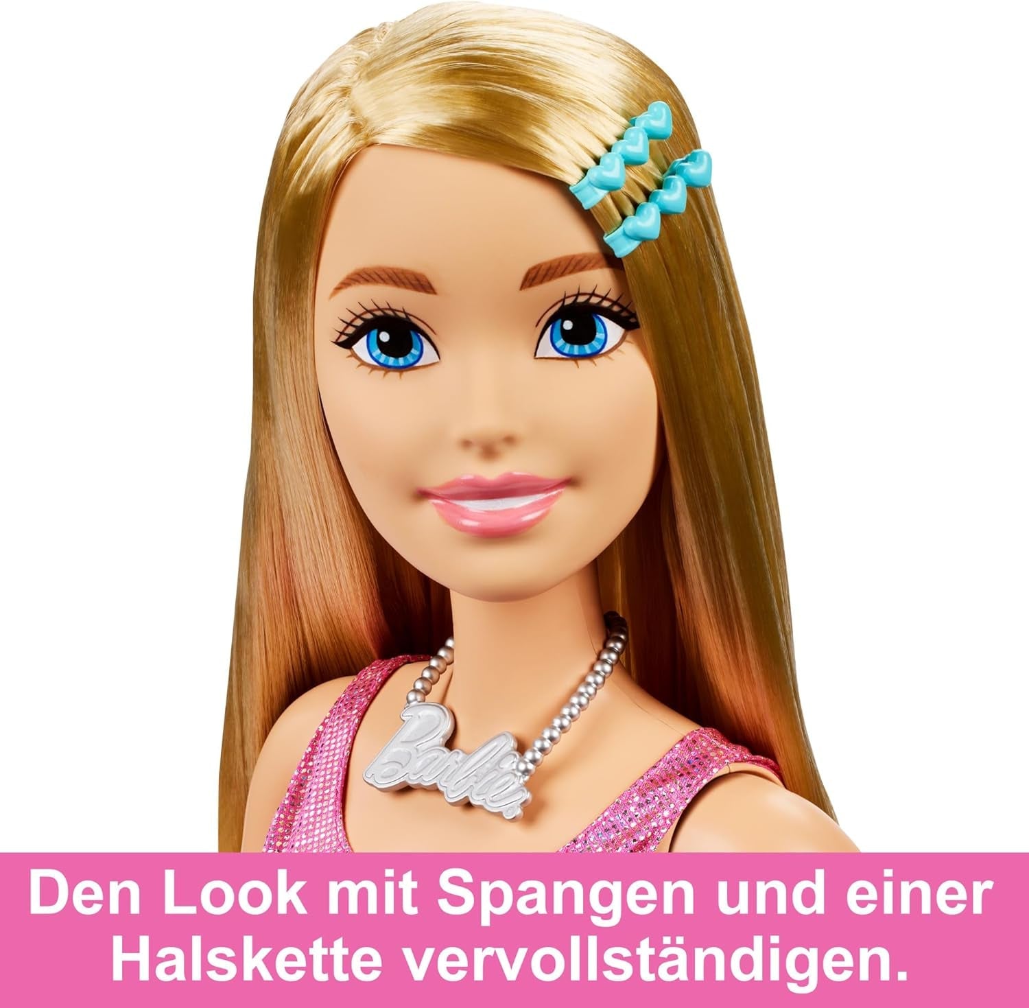 Barbie ekstra stor (71 cm) dukke - lyserød kjole, blond hår med klips og halskæde, gave fra 3 år og opefter, HJY02