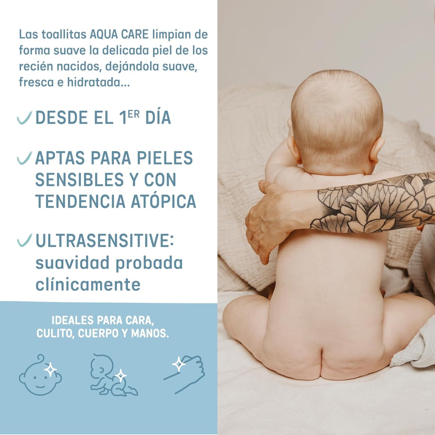 Suavinex Aqua Care Baby Vådservietter 60 Antal renseservietter 99% Vand Plantefiber Aloe Vera Duftfri Alkoholfri Dermatologisk testet Velegnet til følsom hud