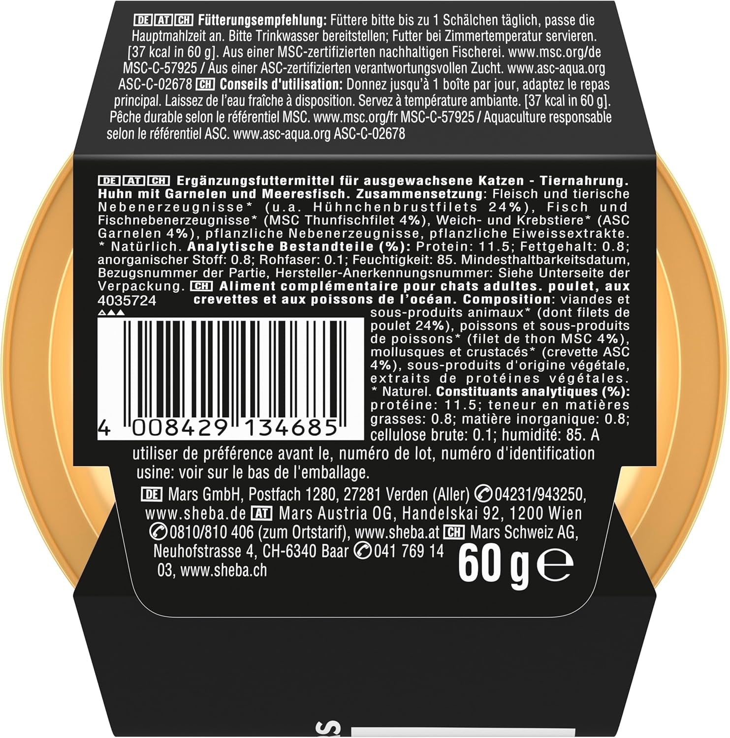 SHEBA-fileter Voksen Katzenfutter i Sauce med Kylling, Hochseefisch og Garnelen 16 x 60 g Shell