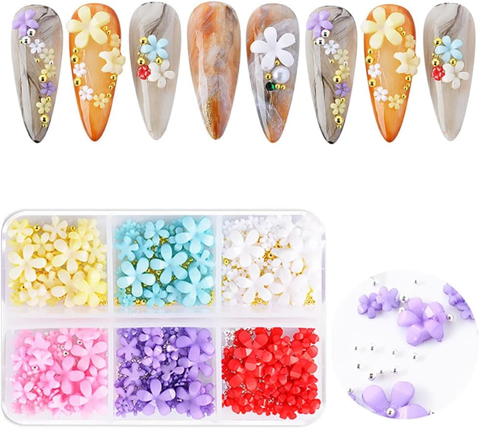 3D blomsternegle, 6 gitter, blomsterneglebetræk, akrylnegle-rhinestones, negletilbehør, DIY-forårsnegledekorationer