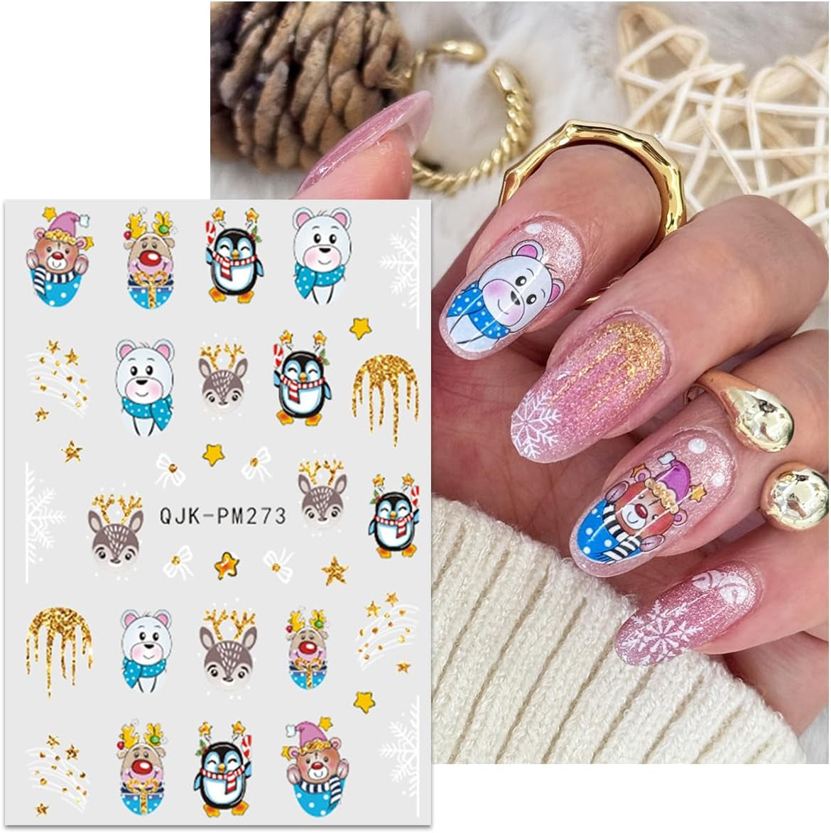 JMEOWIO Nagelsticker Weihnachten 10 Blatt Nail Art Sticker Selbstklebend Nagelaufkleber Glitter Schneeflocke Xmas Winter Urlaub Guld Dekoration Nageldesign Zubehör