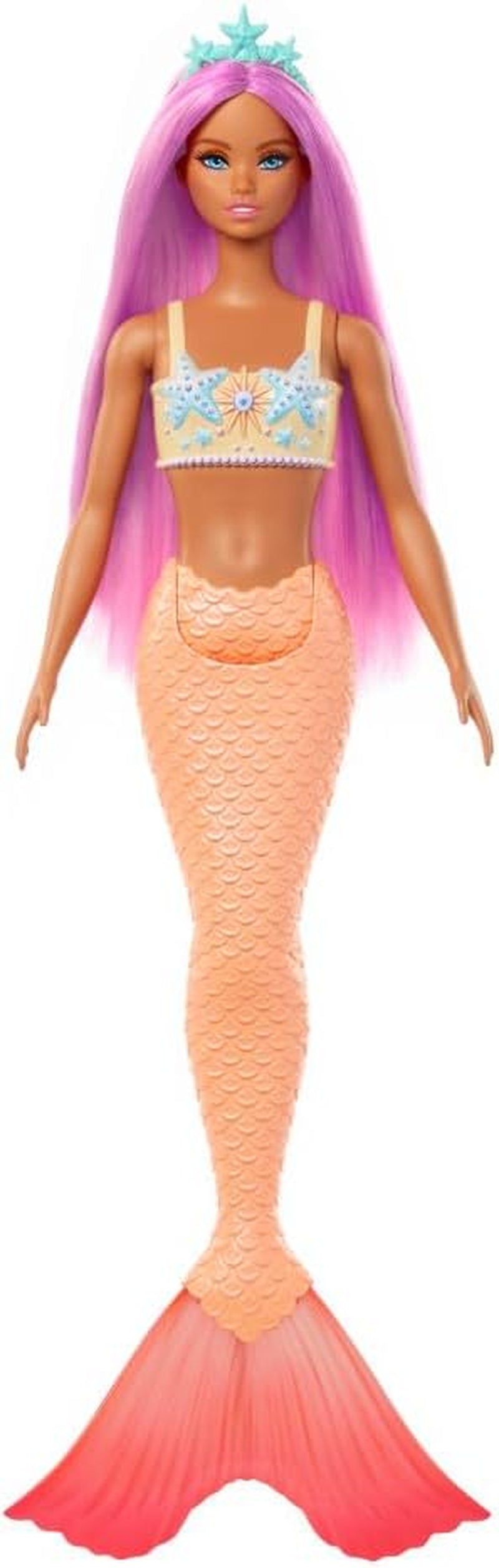 Havfrue Barbie-dukke med fancy lyserødt hår og pandebånd, søstjernehoveddukke og blød orange halefinne, HRR05