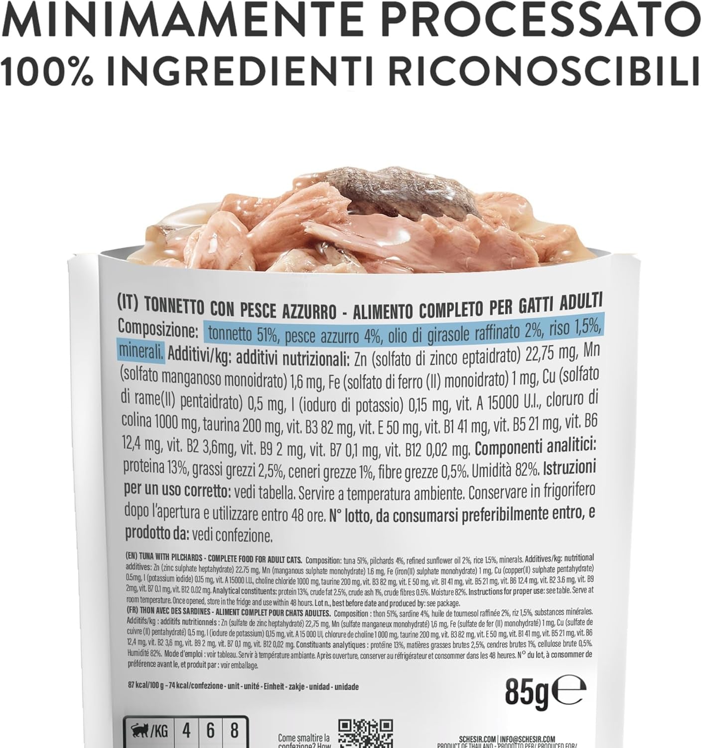 , Tun med blå fisk i gelé, komplet vådfoder til katte, i en pose, med yderligere vitaminer, 100% naturlig, 6 x 85 g