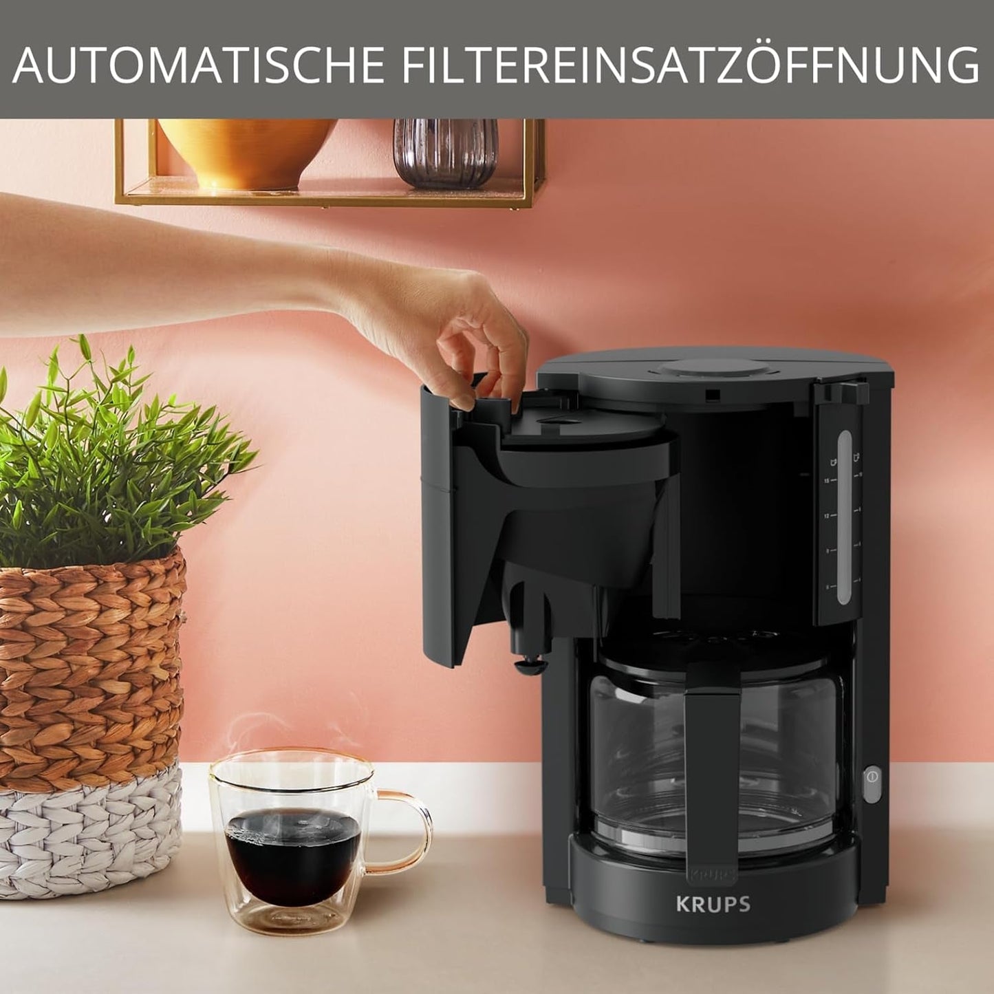 Krups F30908 ProAroma Espressomaskine med filter og glaskaraffel, kapacitet 1,25 l, 10-15 kopper, 1050 W, sort