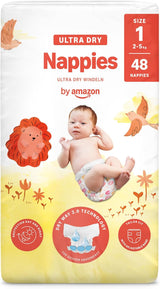 Amazon Ultra Dry Bleer, størrelse 1 (2-5 kg) - Månedlig æske, hvid, 96 antal (2 pakker af 48) (tidligere Mama Bear Brand, identisk produkt)