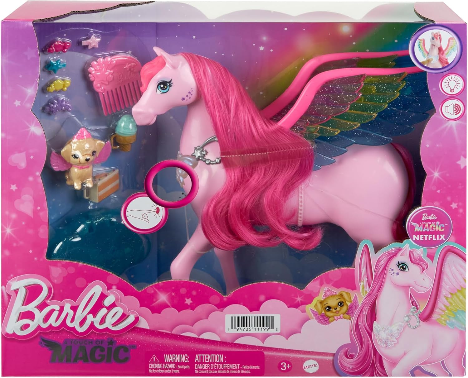 Barbie Pegasus Magic Hide and Seek - Interaktivt legetøj med lys og lyde, 10 tilbehør, regnbuevinger, til alderen 3 og op, HLC41