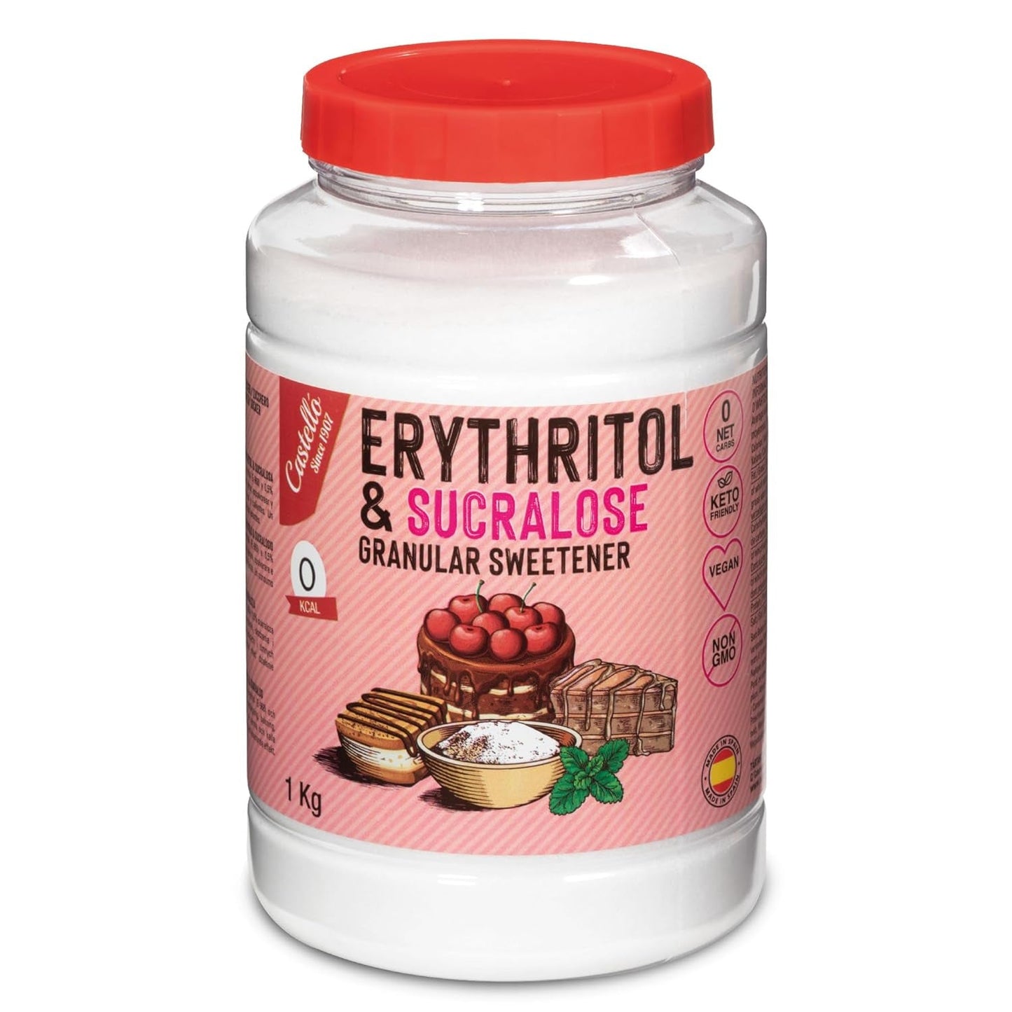 Erythritol + Sucralose 1:4 Süßstoff | 1G = 4G Zucker | 0 Netto-Kohlenhydrat - 0 Kalorien - 0 Glykämischer Index - Keto - Kein GVO - Castello siden 1907 - 1 Kg Sweeteners Naty Shop Standardtitel