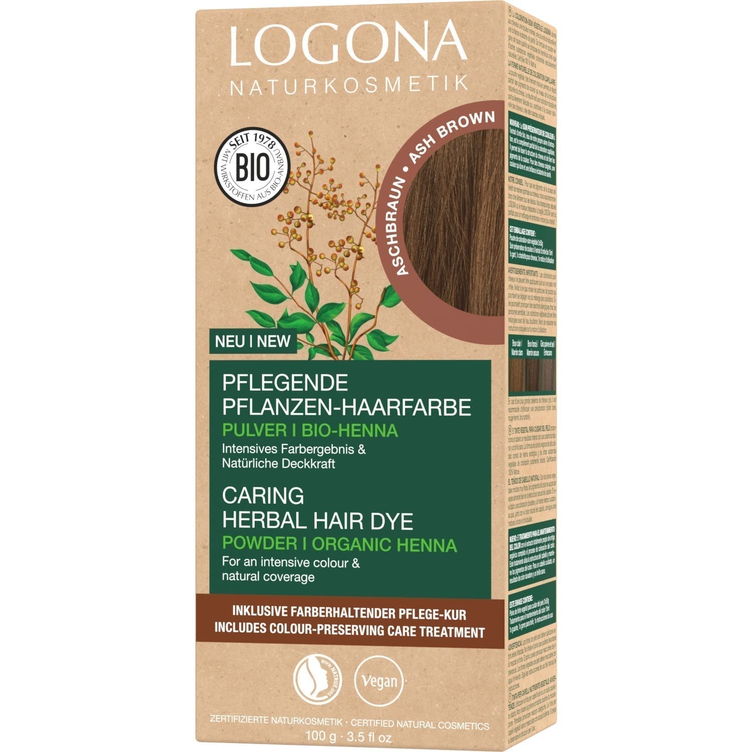 LOGONA Natural Cosmetics Urteplejende hårfarve, økologisk hennapulver Vegansk hårfarve for intens farve og glans, urtefarve i kobberblond (blond), 1 x 100 g Naty Shop Ash Brown Hårfarve 100G (1 pakke)