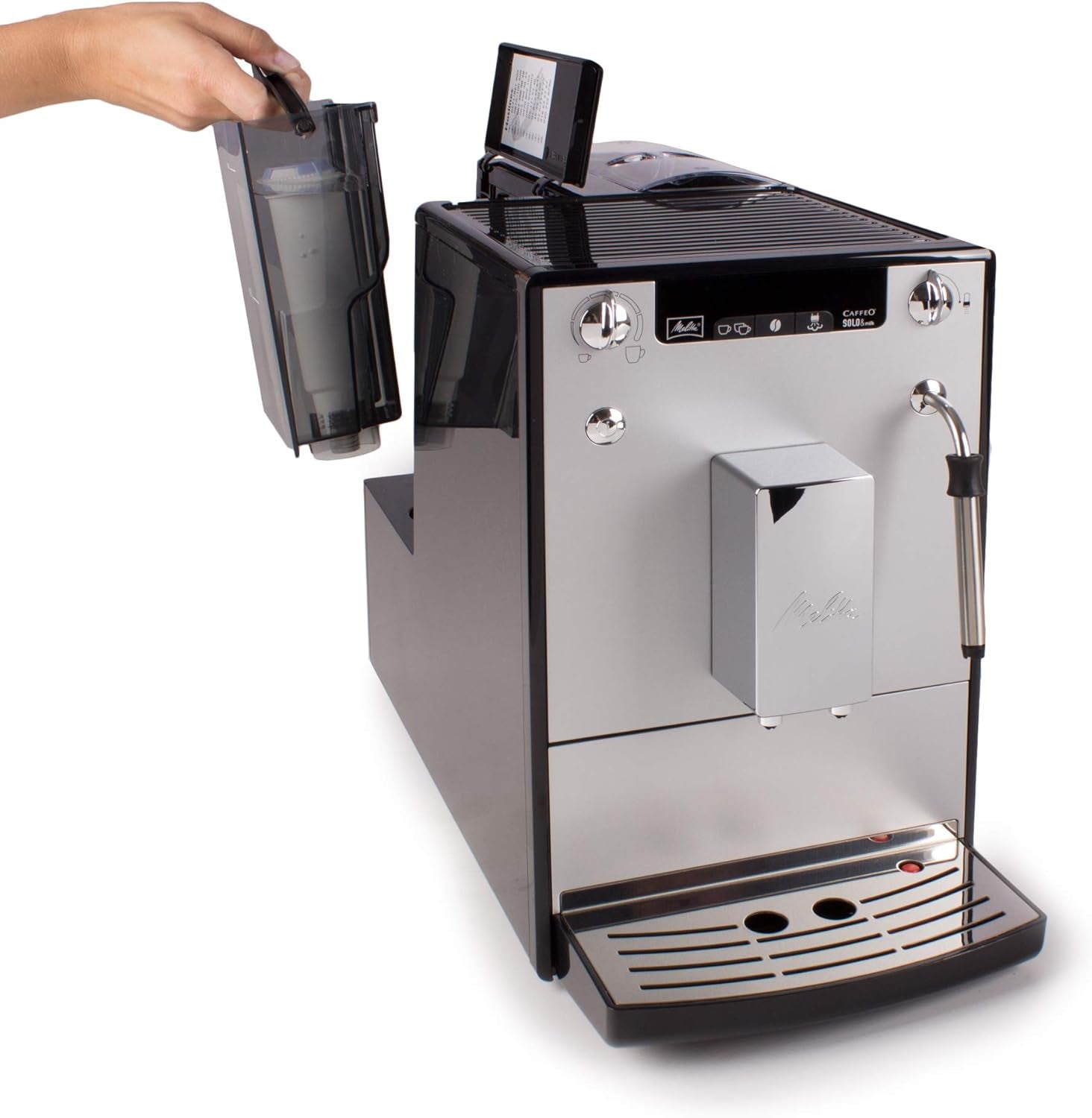 Melitta Solo & Milk - fuldautomatisk slim kaffemaskine med mælkeskummer, kaffemaskine med aftagelig vandtank, f.eks. kaffe eller cappuccino, sølv
