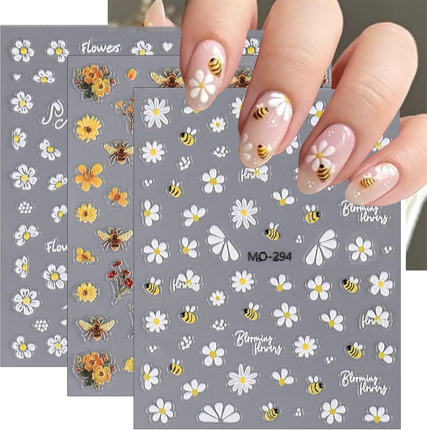 3 Stück Nagelsticker Set-Selbstklebende Nagelfolie Mit Blumen- Und Bienenmotifen-Nail Art Sticker For Kreatives Nageldesign-Nageltattoos Und Zubehör