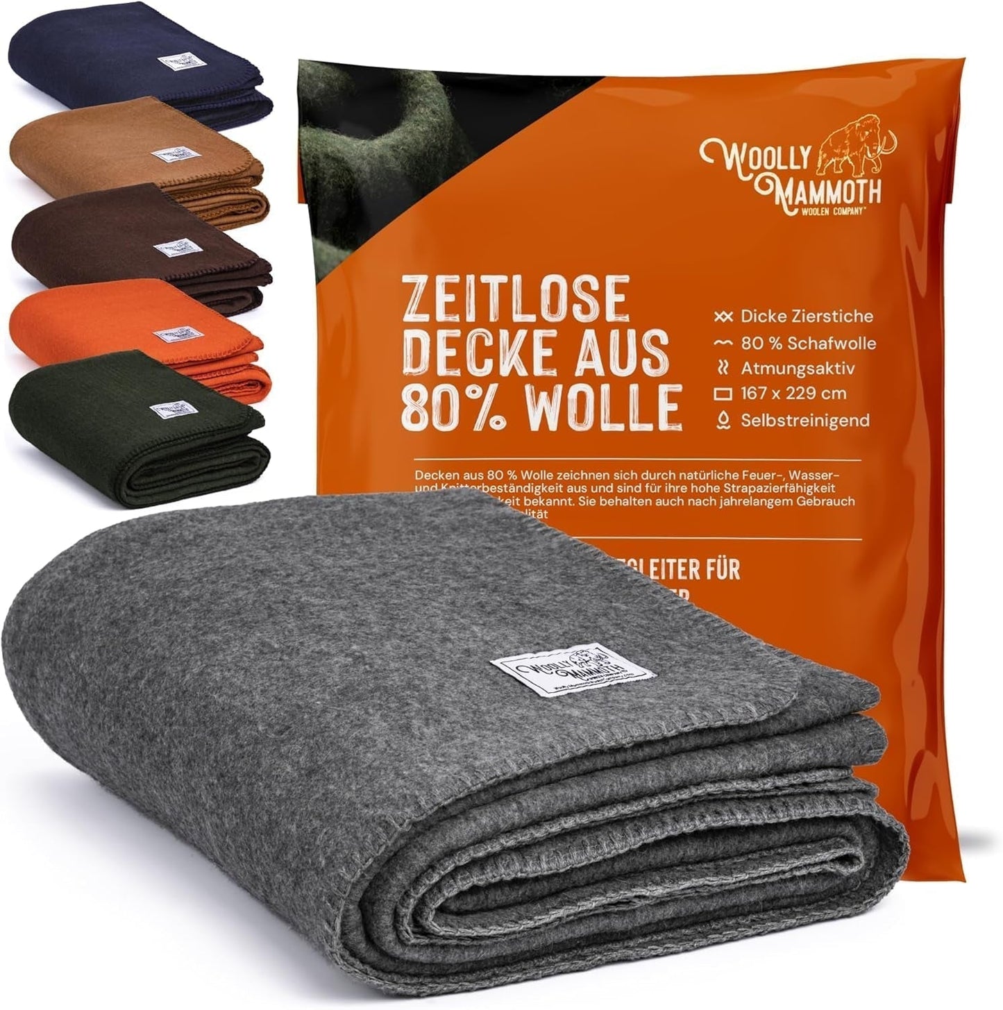 Woolly Mammoth Woolen Co. campingtæppe, ekstra stort, merinould, Det perfekte udendørsudstyr til bushcraft, camping, trekking, vandreture, overlevelse eller hyttetæppe. Brun, 168 X 228 Woolly Mammoth Woolen Company Senge og tæpper Grå 66" X 90"