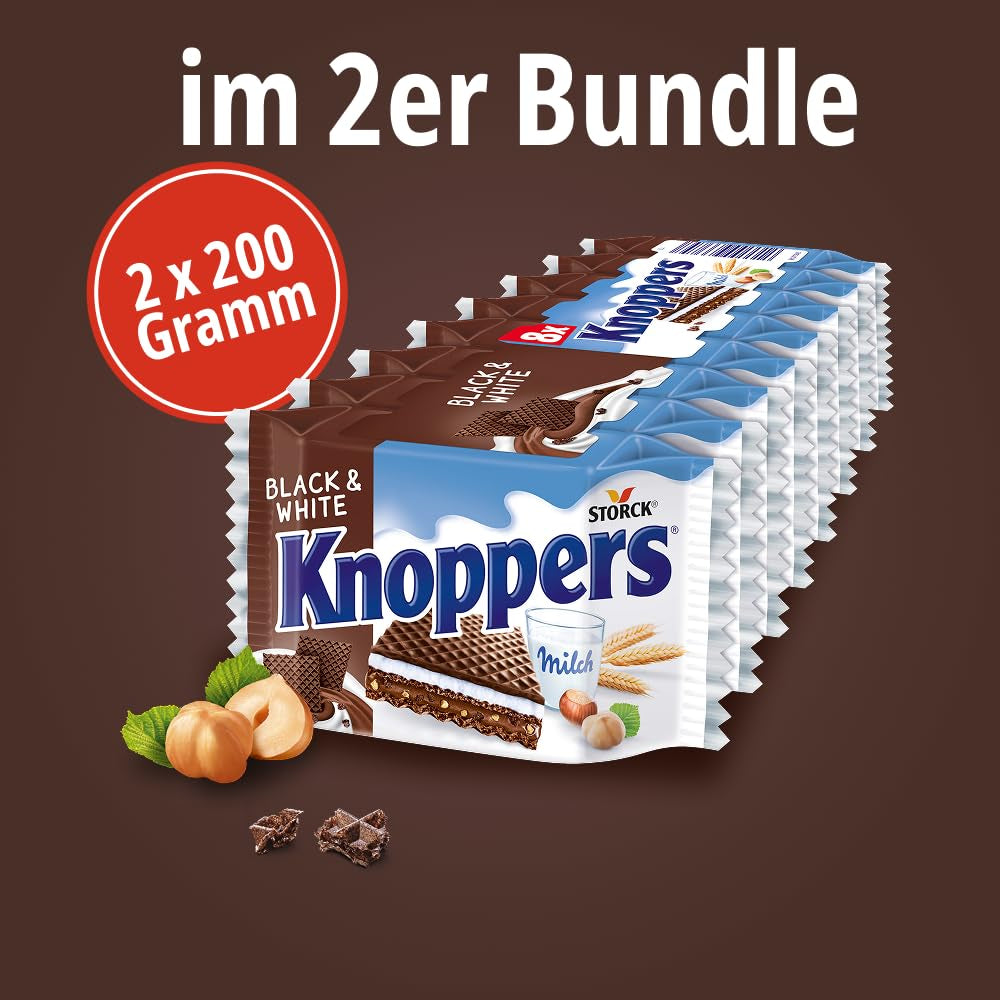 Sort og hvid – 2 x 200 g (2 x 8 stykker) – Vaffelskiver fyldt med mørke kakaoblater, stykker sort dej, mælk og nougatcreme