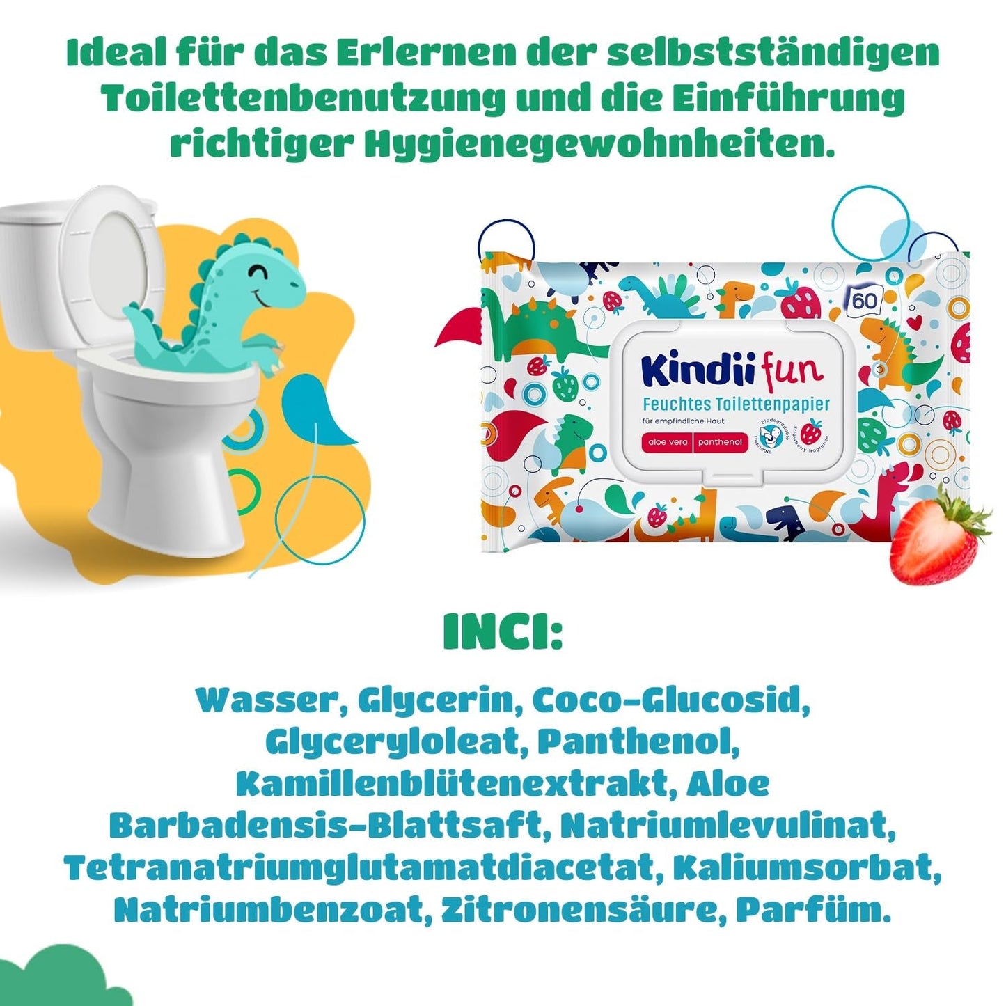 Kindii Fun Wet Toilet Paper - (10X60 stk.) Vådt toiletpapir - Kamille, Aloe Vera, Ph-neutral, Vandbar, Opfrisker det intime område - 600 stk.