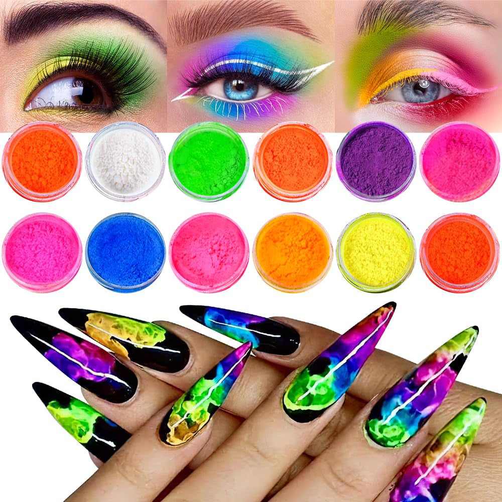Neon Fosfor Pigment Pulver Für Nägel Lidschatten - 12 farver Neon Nagel Glitzer Augenpulver Maniküre Halloween Neon Make-Up Dekoration Nail Art Staub Pigment