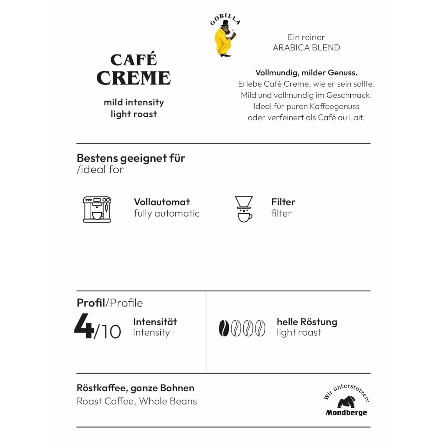 Gorilla Café Creme 6x 1000g | 100% traditionel Arabica-Bohnen | Ideal Volllautomaten Crema harmonisches Aroma | geriger Koffeingehalt helle Röstung | Vorratspackung