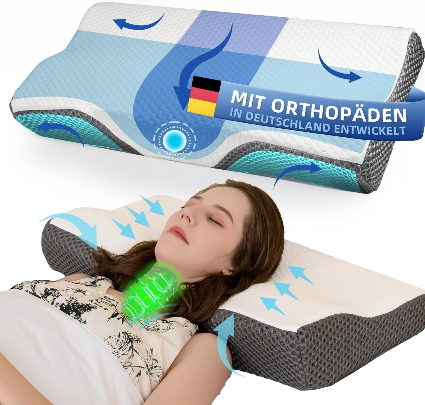 Nakkesmertepude, Ergonomisk ortopædisk nakkepude, Side tilbage Abdomen Memory Foam Pude, Anti Snorken Pude til Mænd Kvinder (62 * 34,5 * 12/8CM) Cervikal Ortopædiske Puder Naty Shop Standardtitel