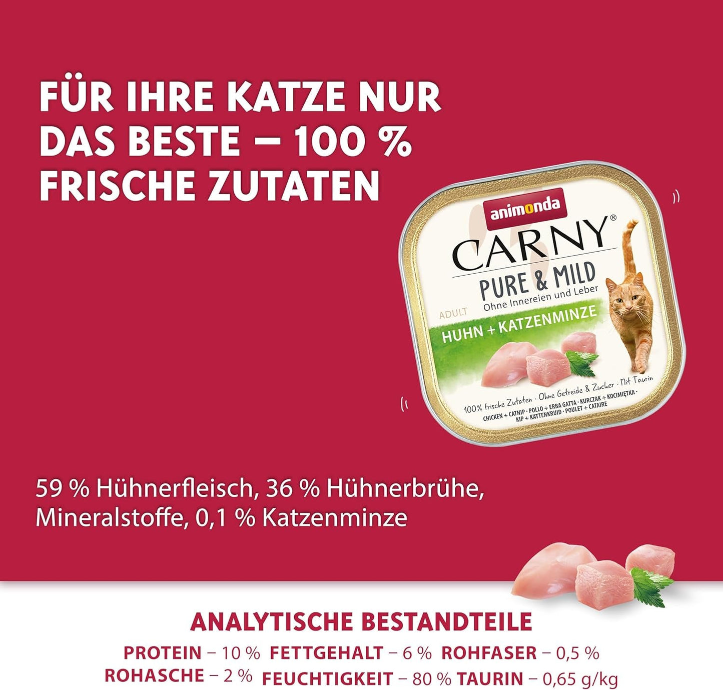 Voksen Pure & Mild våd kattefoder med kylling og katteurt (32 x 100 g), til følsomme katte, kornfri og sukkerfri, letfordøjeligt vådfoder med kylling