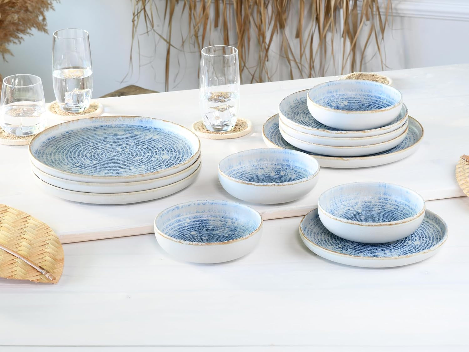 CreaTable, 21652, Uno Mykonos-serien, 12-delt servisesæt, porcelænstallerkensæt, tåler opvaskemaskine og mikroovn, fremstillet i Portugal