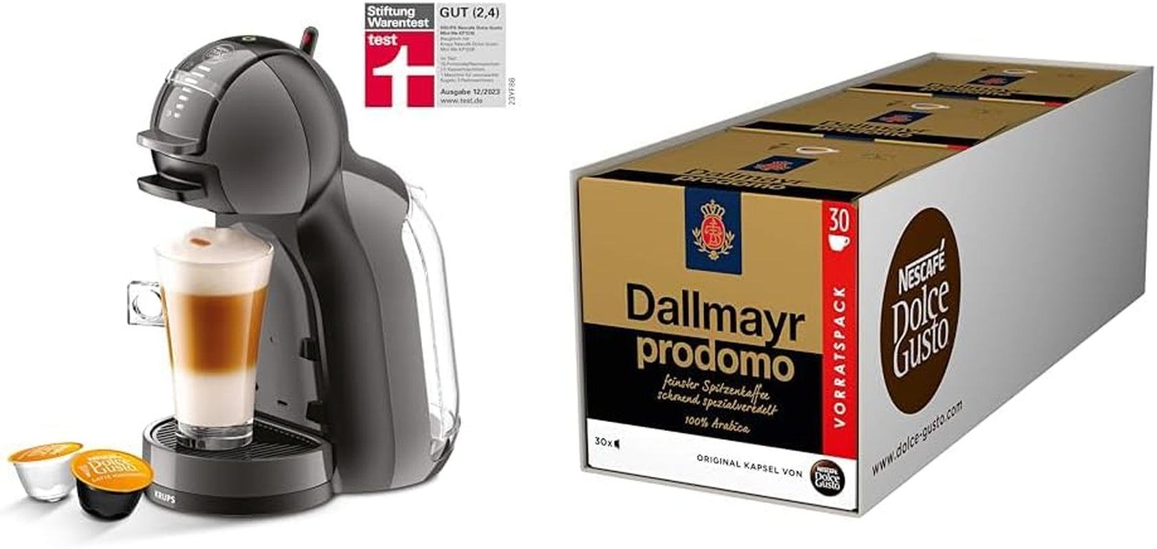 NESCAFÉ DOLCE GUSTO Krups KP1238 Mini Me kaffekapselmaskine, 15 bar, kompakt, højtryks kaffemaskine, over 30 kaffekreationer, valg af drikkestørrelse, sort/antracit mit Dallmayr Prodomo