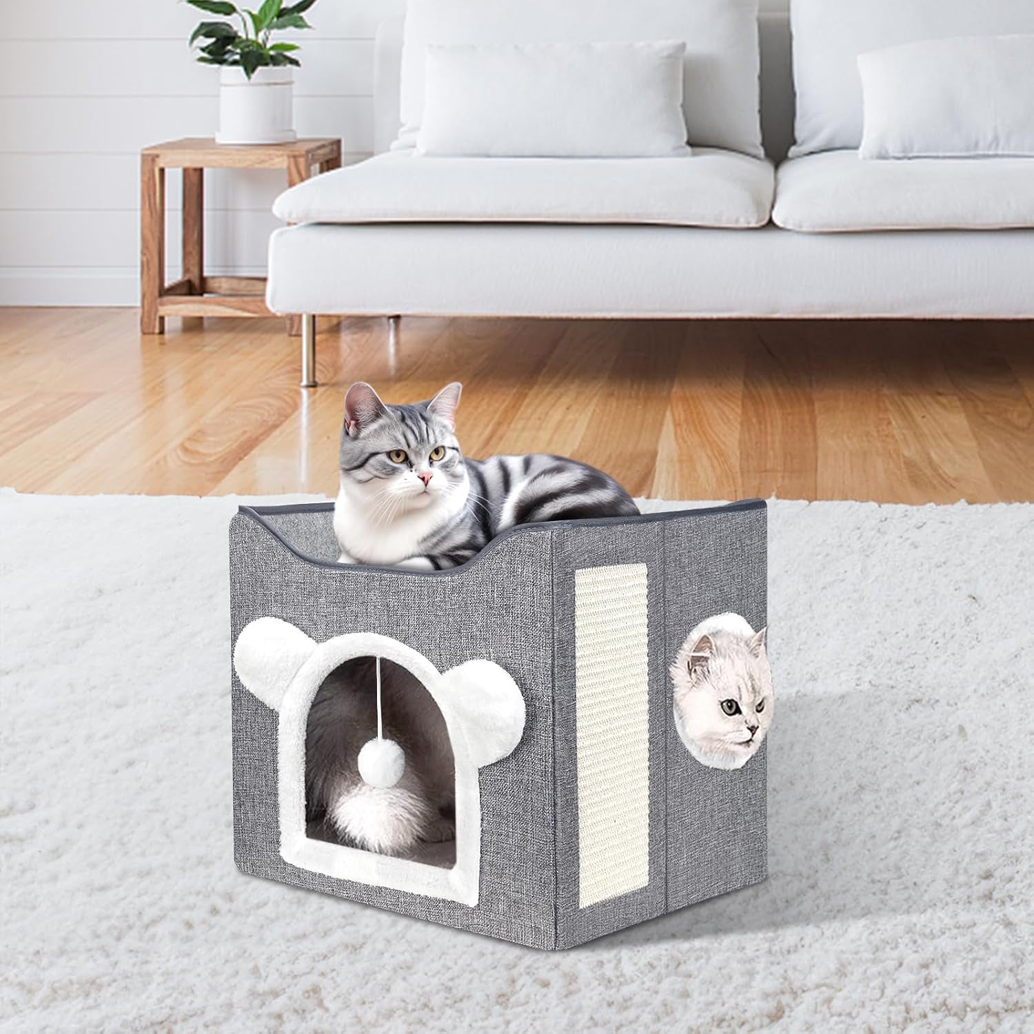 Katzenbetten für Indoor Katzen, Faltbares Katzenhaus, Katzenhöhle 2 Schicht Würfel Großer Raum Katzenbett med Kratzbrett und Spielball, 15,8 x 15,8 x 15 tommer