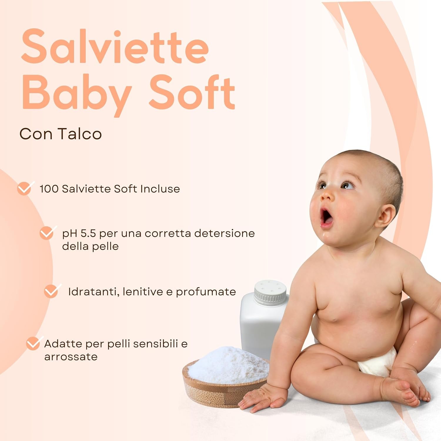 Babyservietter med talkum til følsom hud, alkoholfri, hudvenlig, pH 5,5, let duftende, 1200 Count (12 Pack)