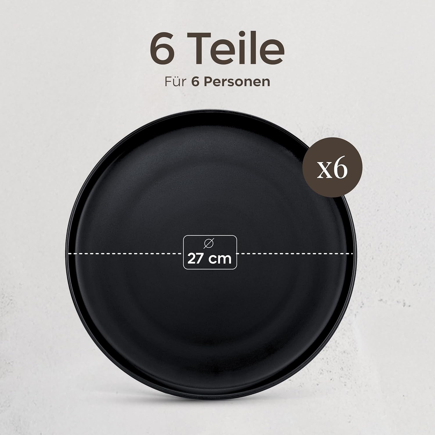 Stentøj tallerkensæt til 6 - mat sort 6 dele sæt store tallerkener til mikroovn Elegant design - Twinzee Ebony Collection