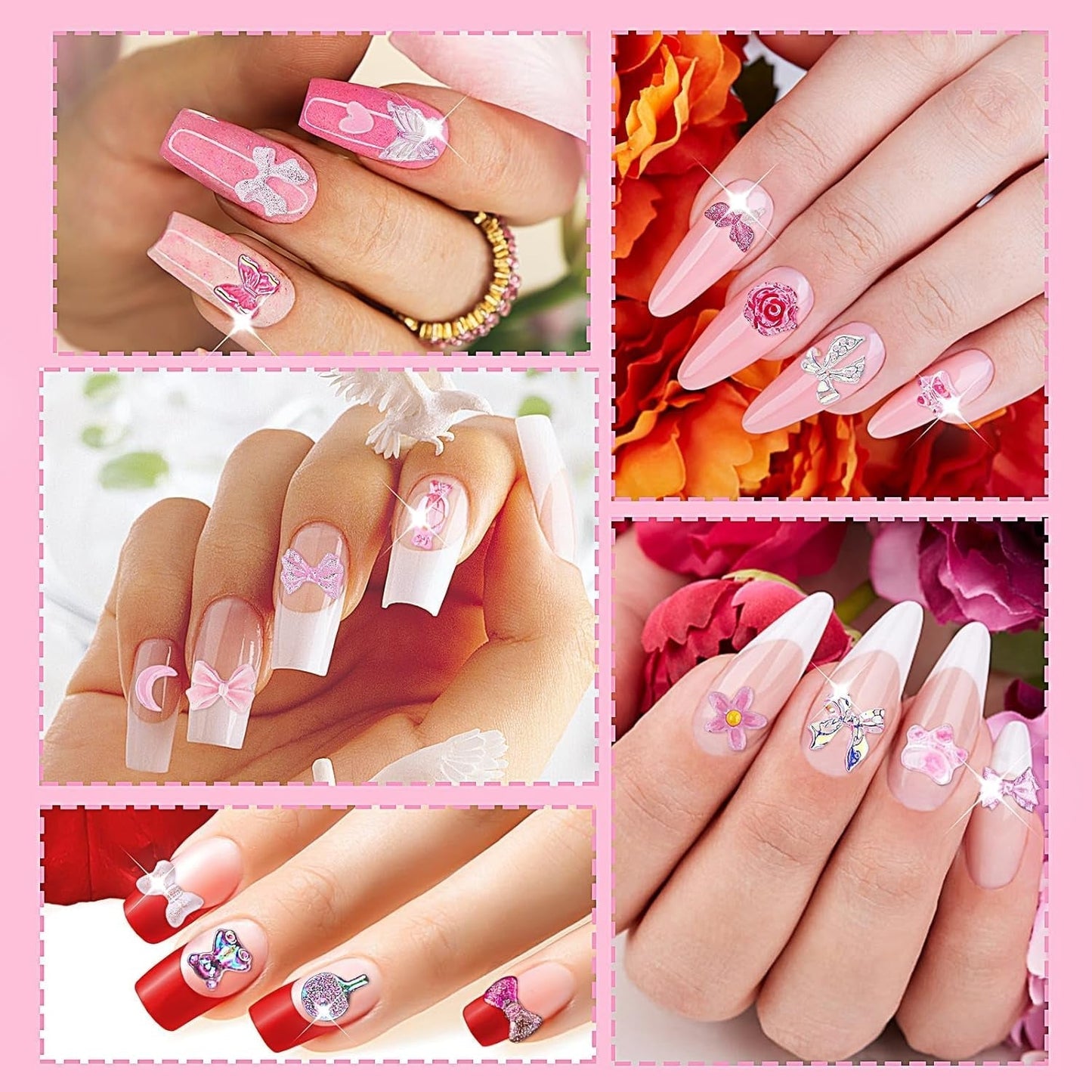 200 stykker Nail Art Charms 3D Nail Art Dekorationssæt Sløjfe Negle Pendant Pink Blandet Sløjfe Blomst Bamse Slikkepind Hjerteform Negle Art Dekoration DIY Craft Negle Design