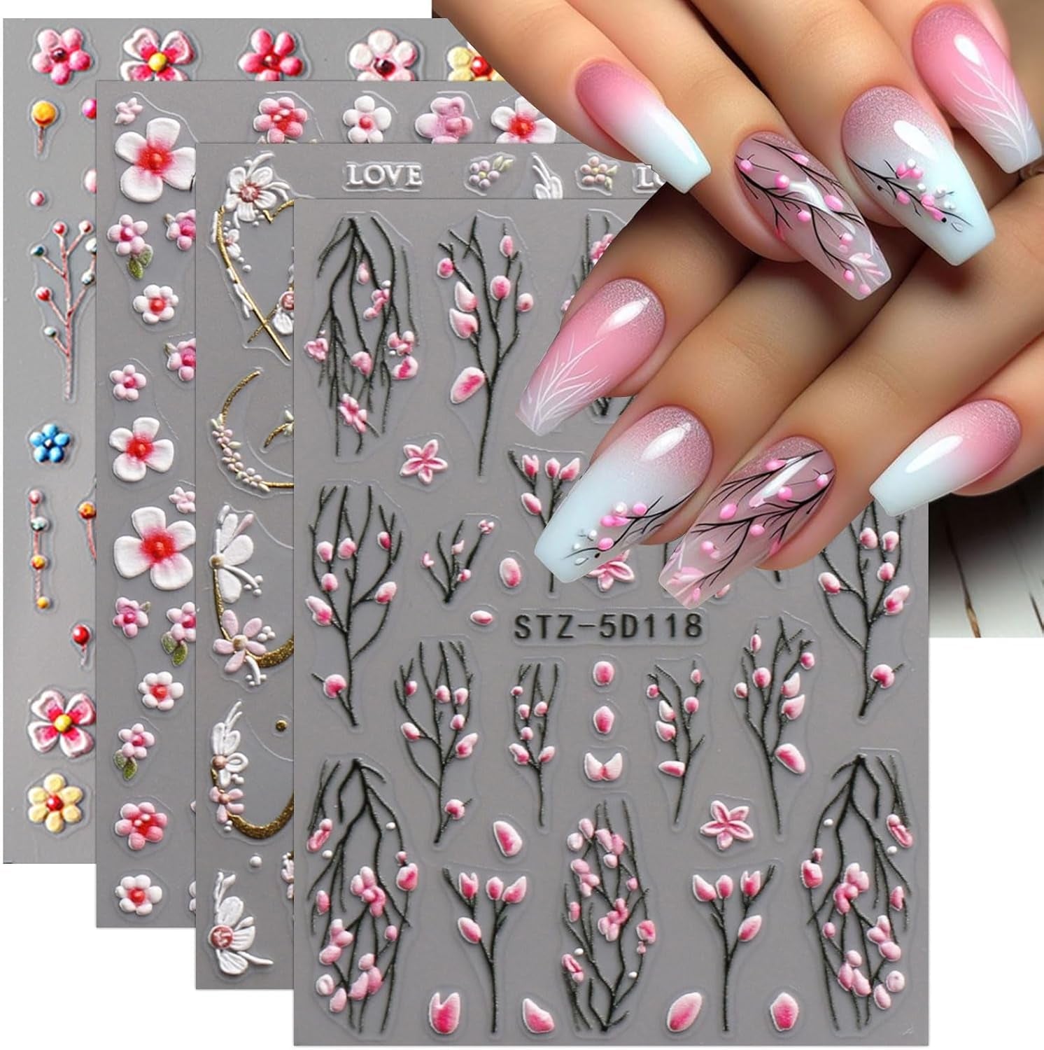 JMEOWIO 3D Nagelsticker Blume Nail Art Sticker Selbstklebend Nagelaufkleber 5D Stereoskopisk Frühling Sommer Floral Dekoration Nageldesign Zubehör 4 Blatt