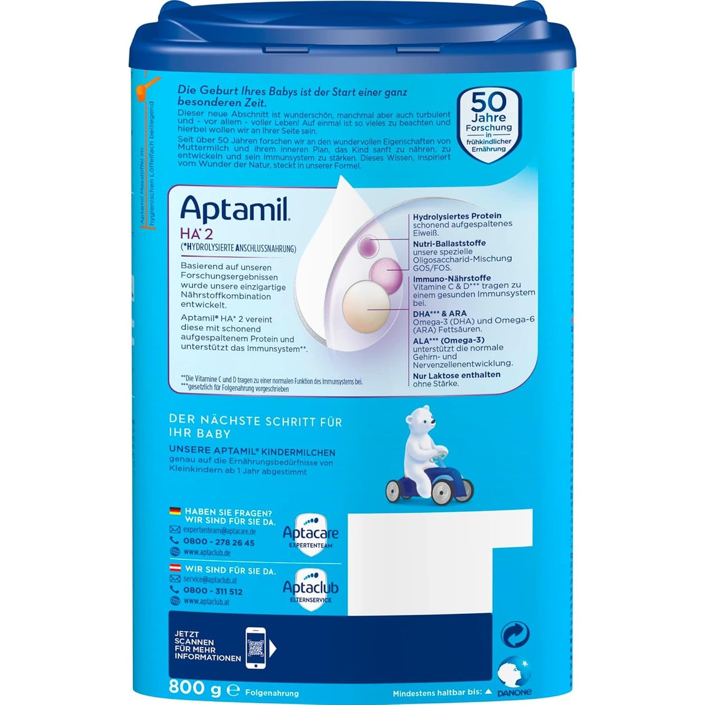 Aptamil HA 2 – Opfølgningsformel efter 6 måneder, med Omega 3 og 6, DHA, ARA og ALA, laktosefri, palmeoliefri, babymad, mælkepulver, 1 x 800 g (pakke med 4)