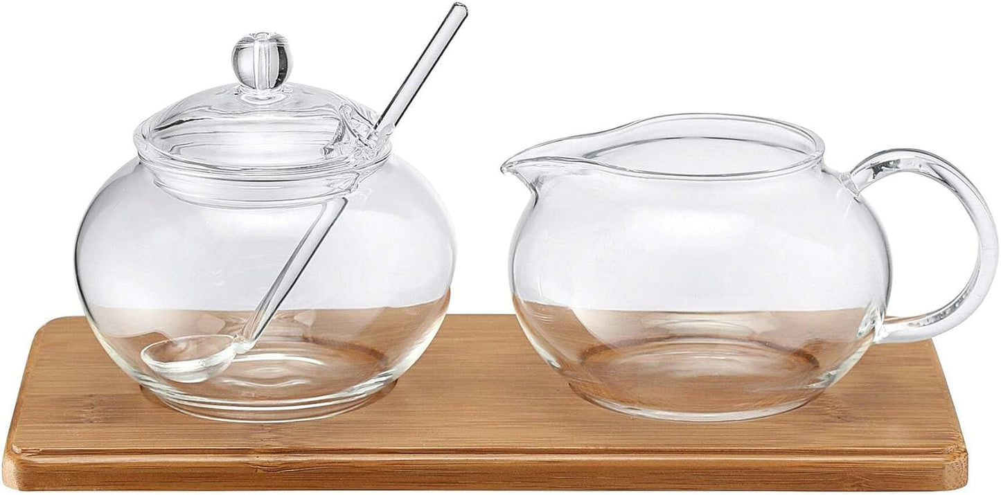Sukker/flødesæt i glas med bambusbakke, 14580