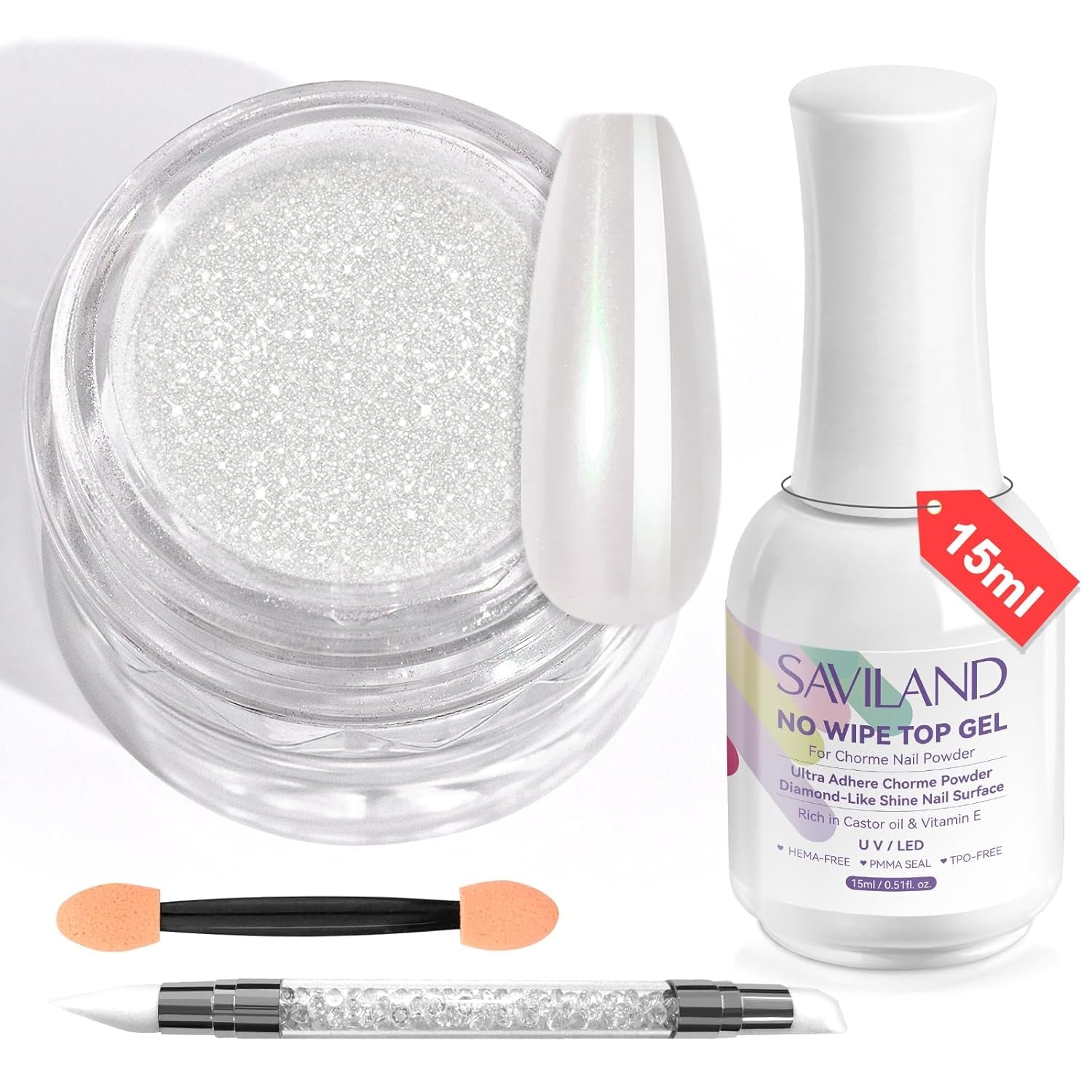 Saviland krom neglepulversæt - Pink Laser krom neglepulver spejleffekt Laser neglekunst, negleglimmer manicure dekorativt pulver med svampestænger, negleglitterpulver neglesalon