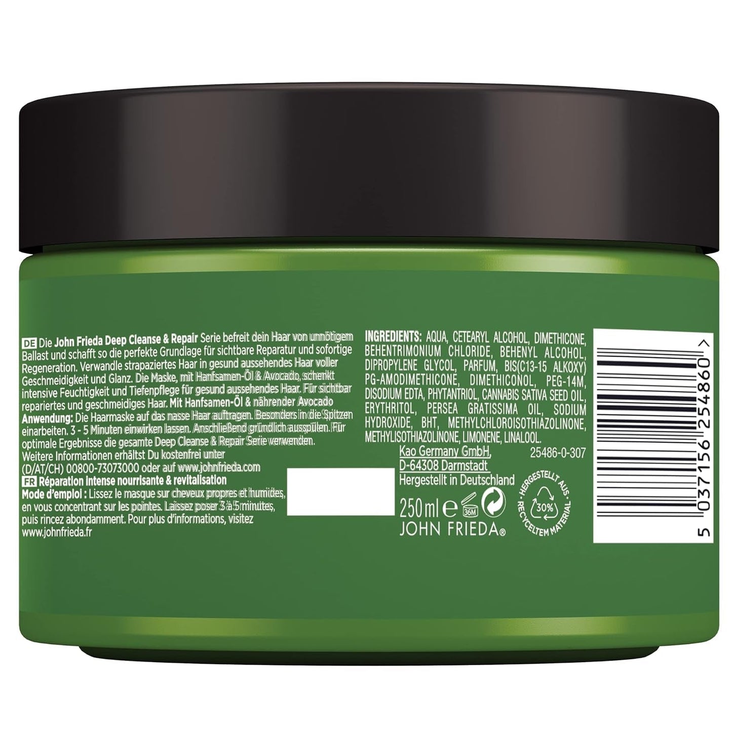 John Frieda - Deep Cleanse & Repair Mask / Treatment - Indhold: 250 ml - Med hampfrøolie + nærende avocado - Beroligende hårmaske til beskadiget hår Naty Shop hårmaske