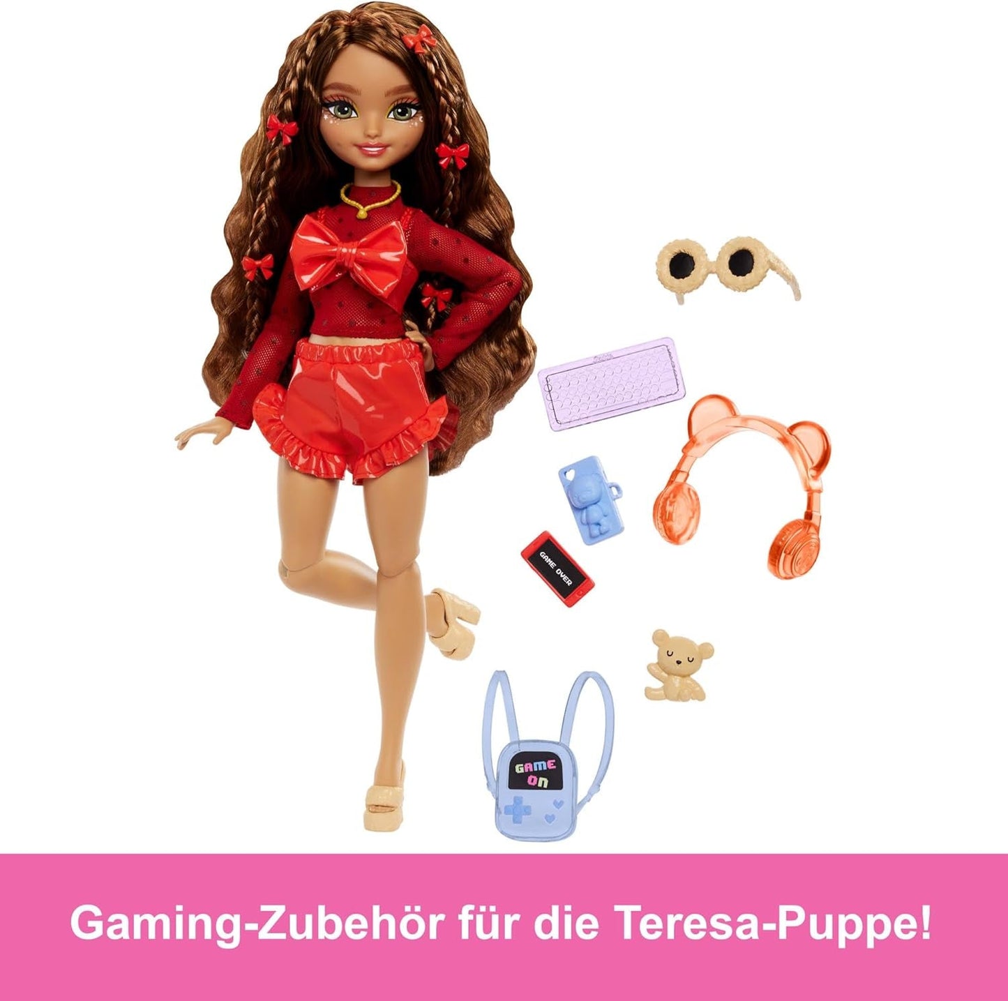 Barbie Dream Besties dukke og tilbehør, bevægelig Teresa-modedukke med brunt hår og hårspænder, 10 stykker videospilstema, HYC23 Naty Shop-dukker