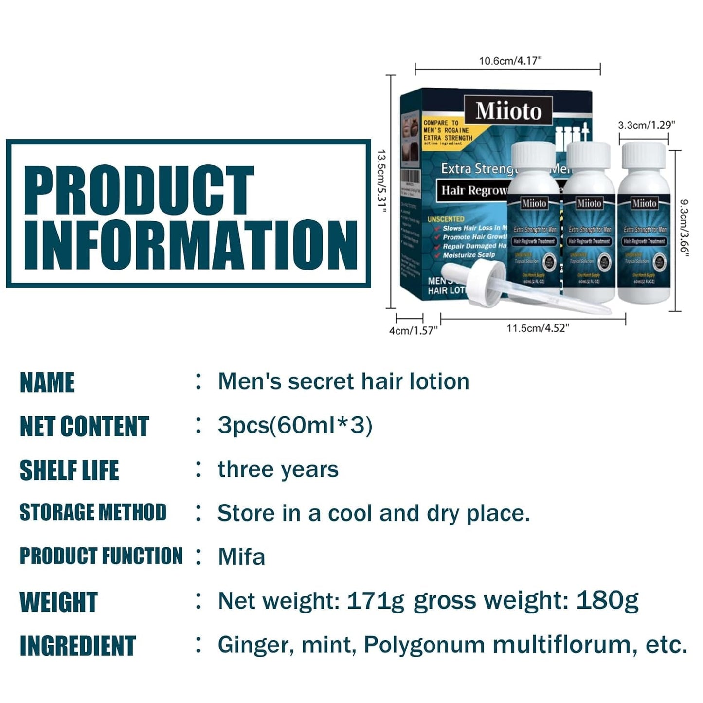 Miioto Hårvækst Serum Mænd Hårvækst Produkt Hårvækst Hår Serum Hovedbundspleje Fremme tykkere hår Nærer hovedbunden Forhindrer hårtab 3*60ML Hårpleje Naty Shop