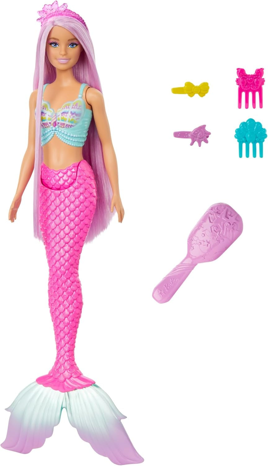 Barbie Mermaid Doll - med langt pink hår og tilpasset stylingtilbehør inklusive børste, smuk skal og pink finner, for alderen 3 og opefter, HRR00 Naty Shop Dolls Standardtitel