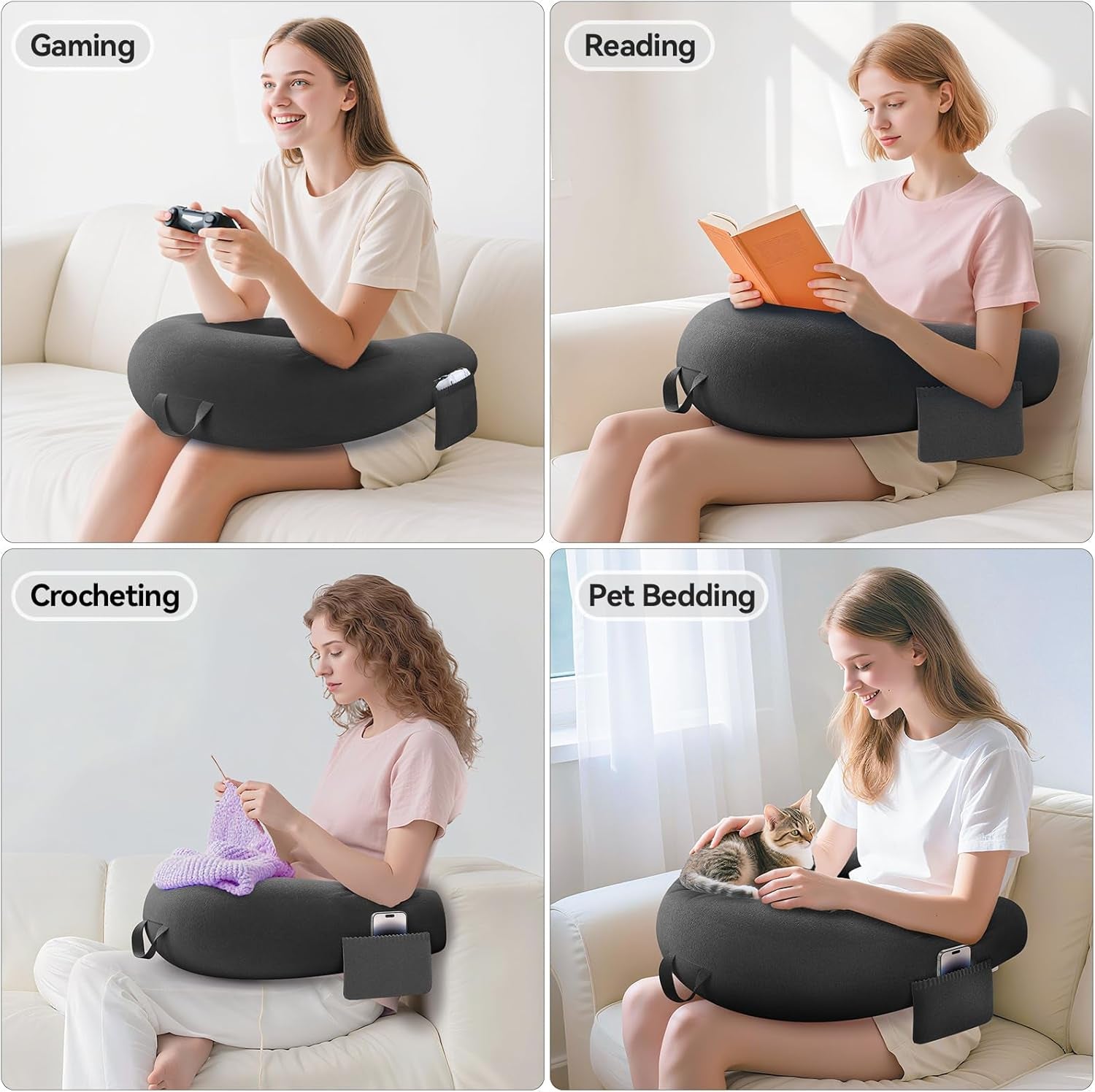 Spil- og læsepude, læsepude til seng/sofa/gulv, fodrings-/hæklepude med stor ergonomisk spillepude, gamerpude til iPad/laptop - sort