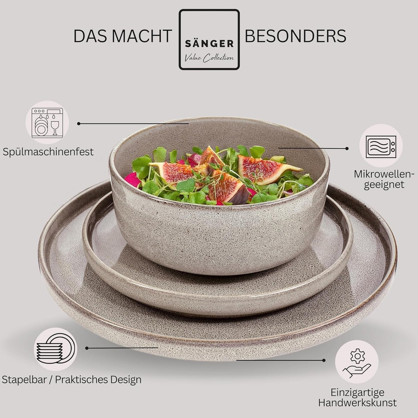 SÄNGER Cairo Clay | 24-styks porcelænssæt, stentøjsstel til 6, 6 tallerkener, 6 desserttallerkener, 6 pastaskåle, 6 serveringsskåle, gråt porcelænssæt | VÆRDIINDSAMLING