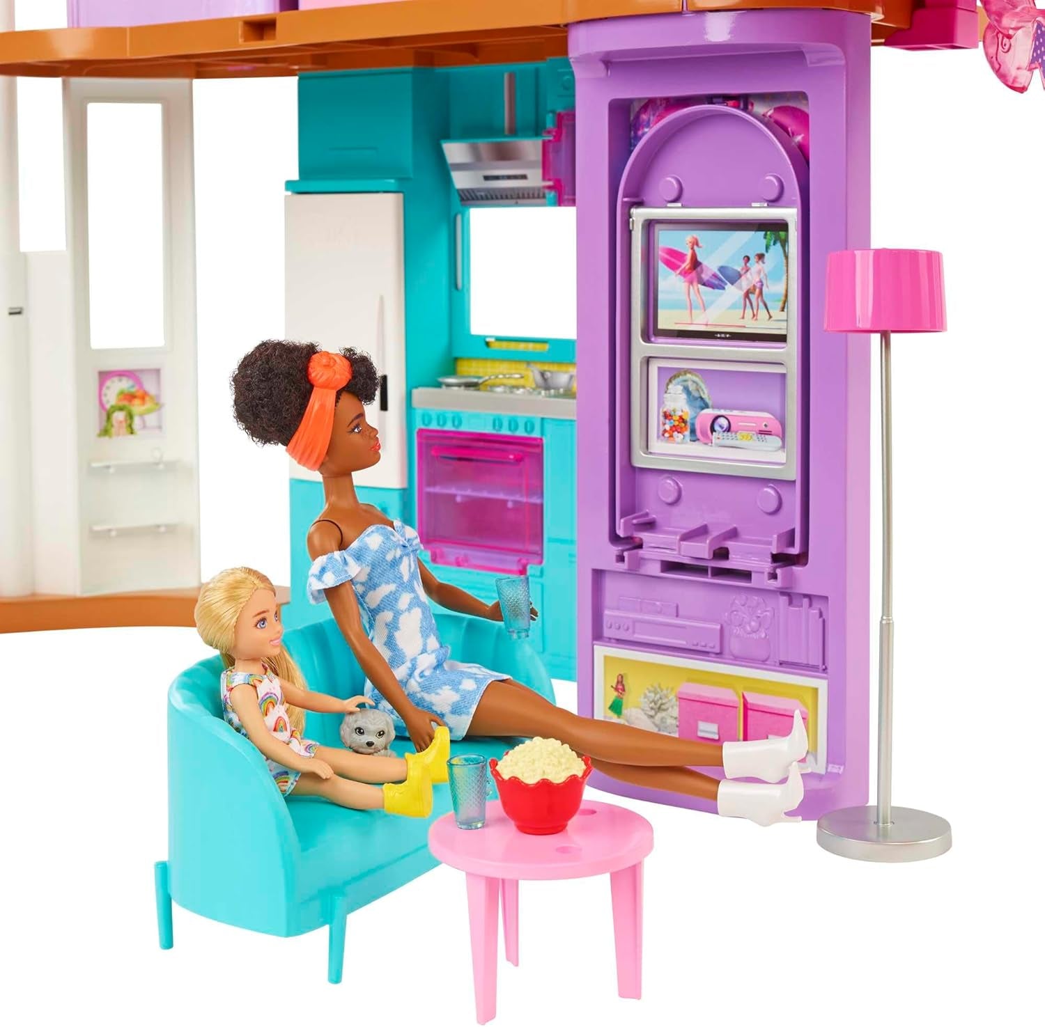 Barbie-feriehus (116 x 77,9 cm), 6-personers legehus, fuldt møbleret med tilbehør, møbler og elevator, foldbar og opbevaring, dukke, gave til børn fra 3 år og opefter, HCD50