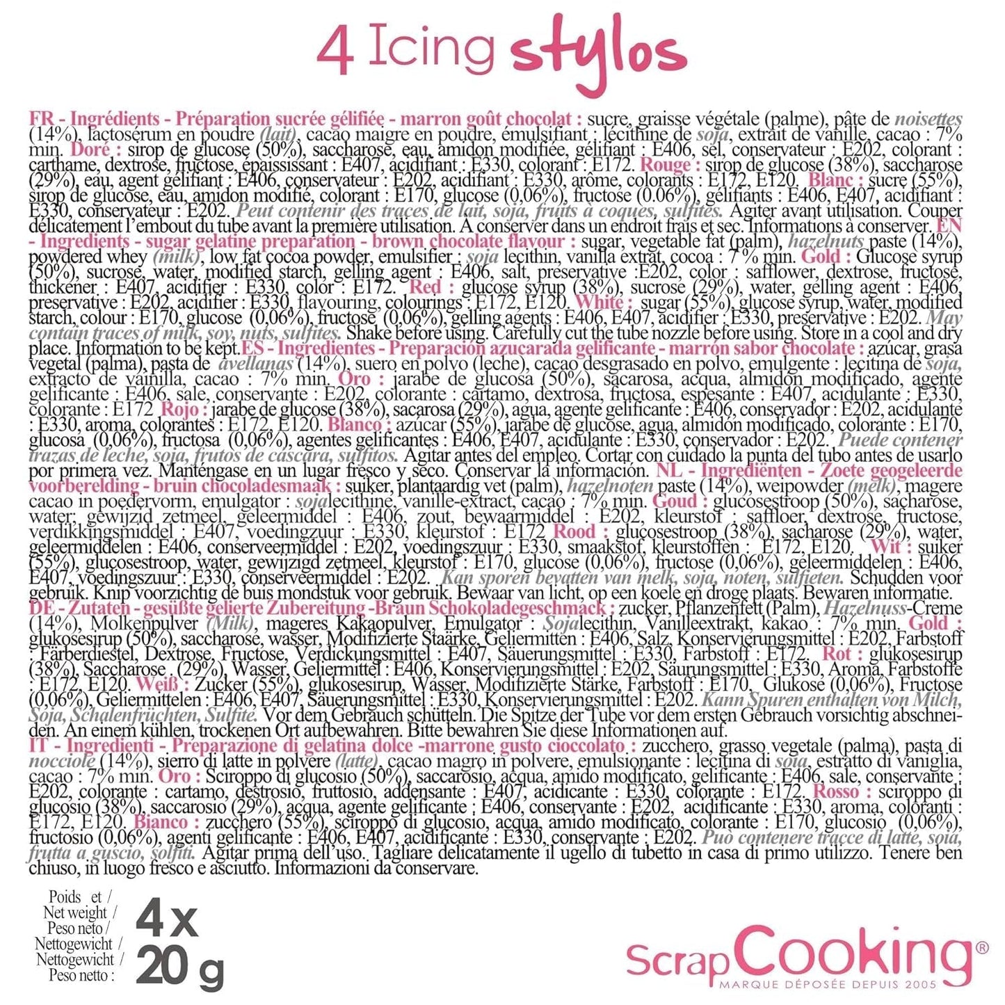 Scrapcooking - 4 stykke tuscher: guld, chokolade, hvid og rød - dekorative spiselige kuglepenne til skrivning og tegning på desserter, kager og kiks