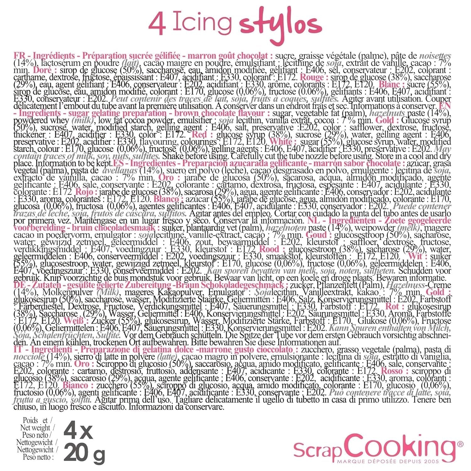 Scrapcooking - 4 stykke tuscher: guld, chokolade, hvid og rød - dekorative spiselige kuglepenne til skrivning og tegning på desserter, kager og kiks