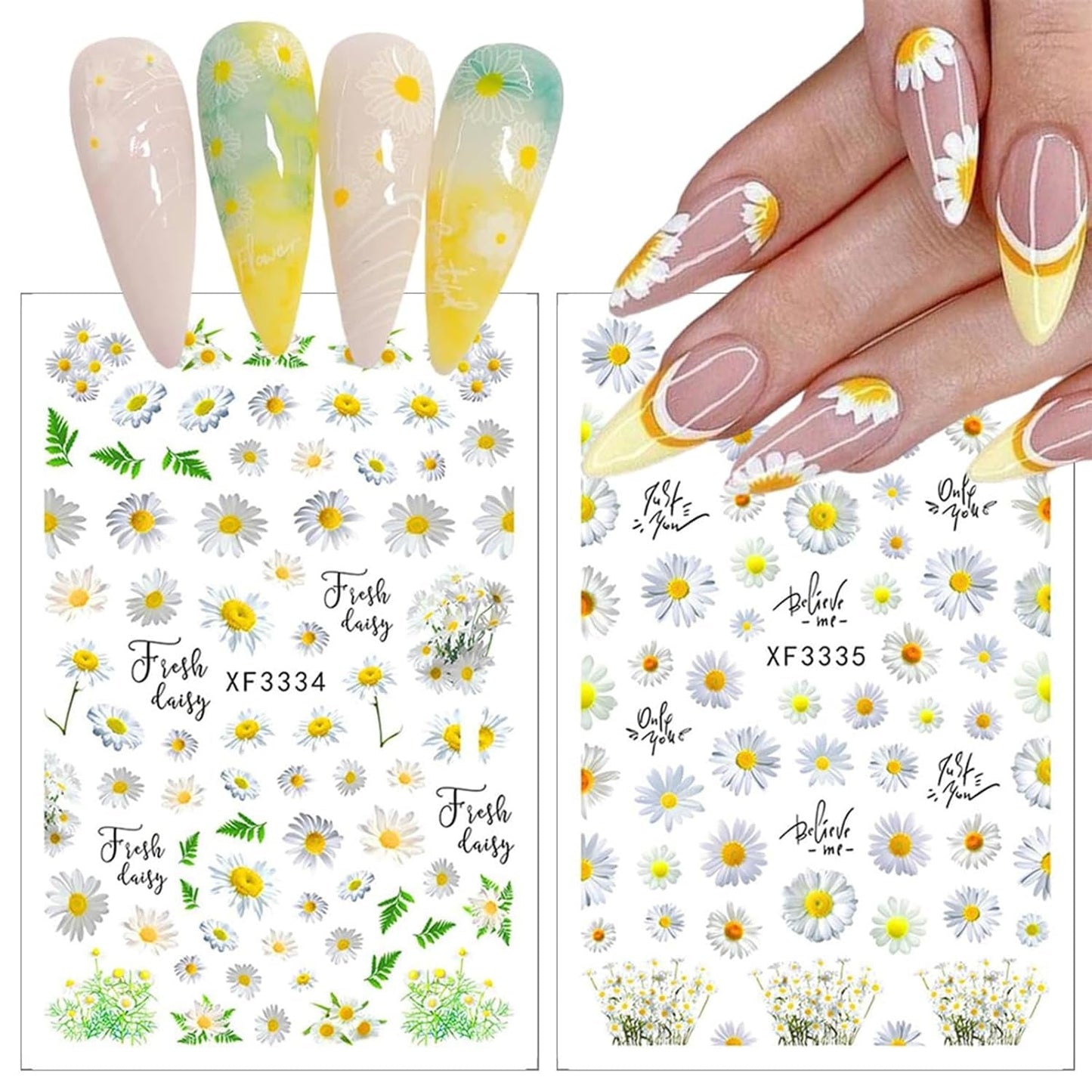 12 ark 3D-effekt negleklistermærke UV-hærdende Langtidsholdbare blomsternegleklistermærker Gul Hvid Daisy Nail Art-klistermærker